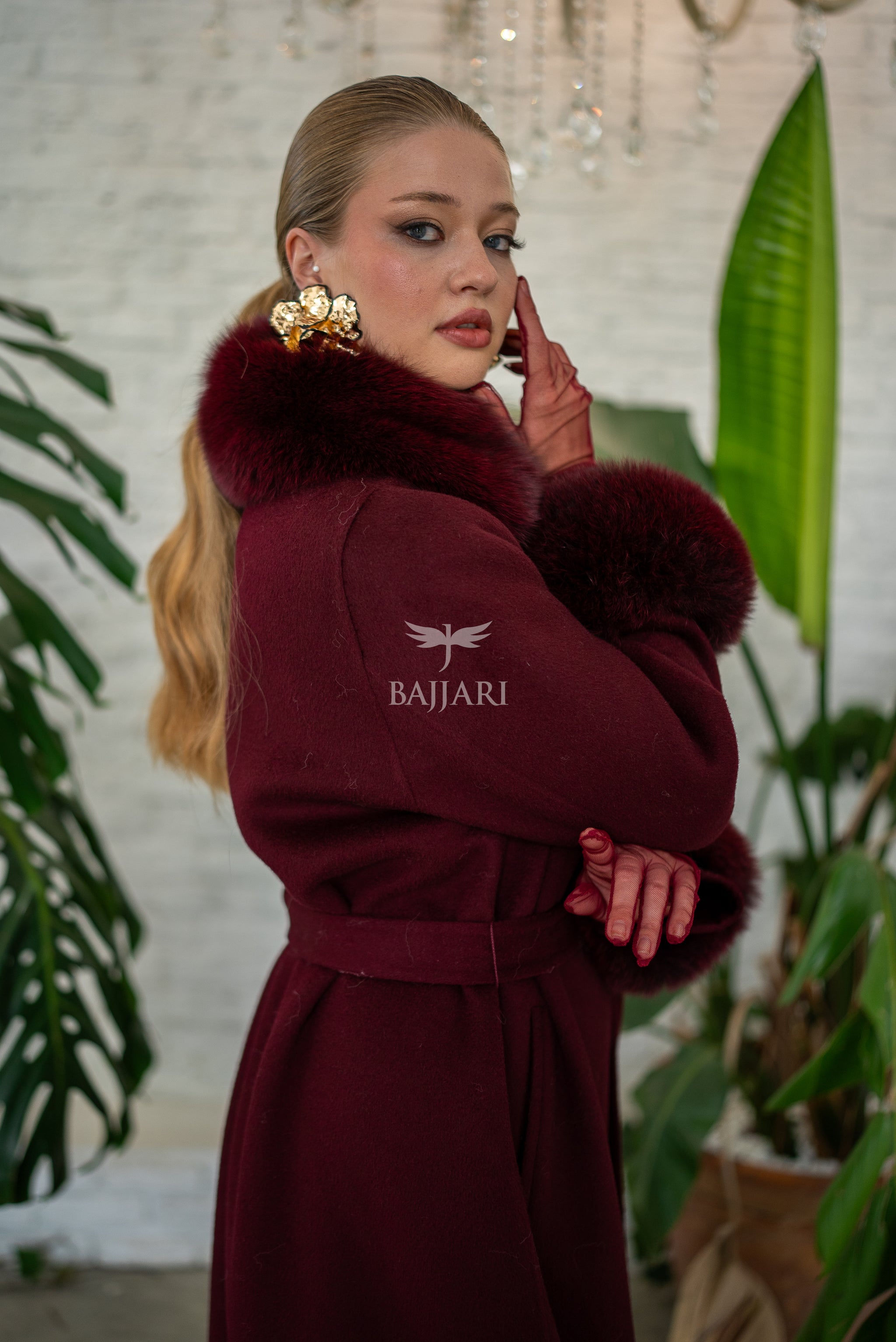 Women’s Coat Offering the Elegance of Luxurious Zibellino Alpaca Fabric with Fox Fur Collar, Sleeve Cuff Details& Fox Ornament Details on the Hemlines -9479-