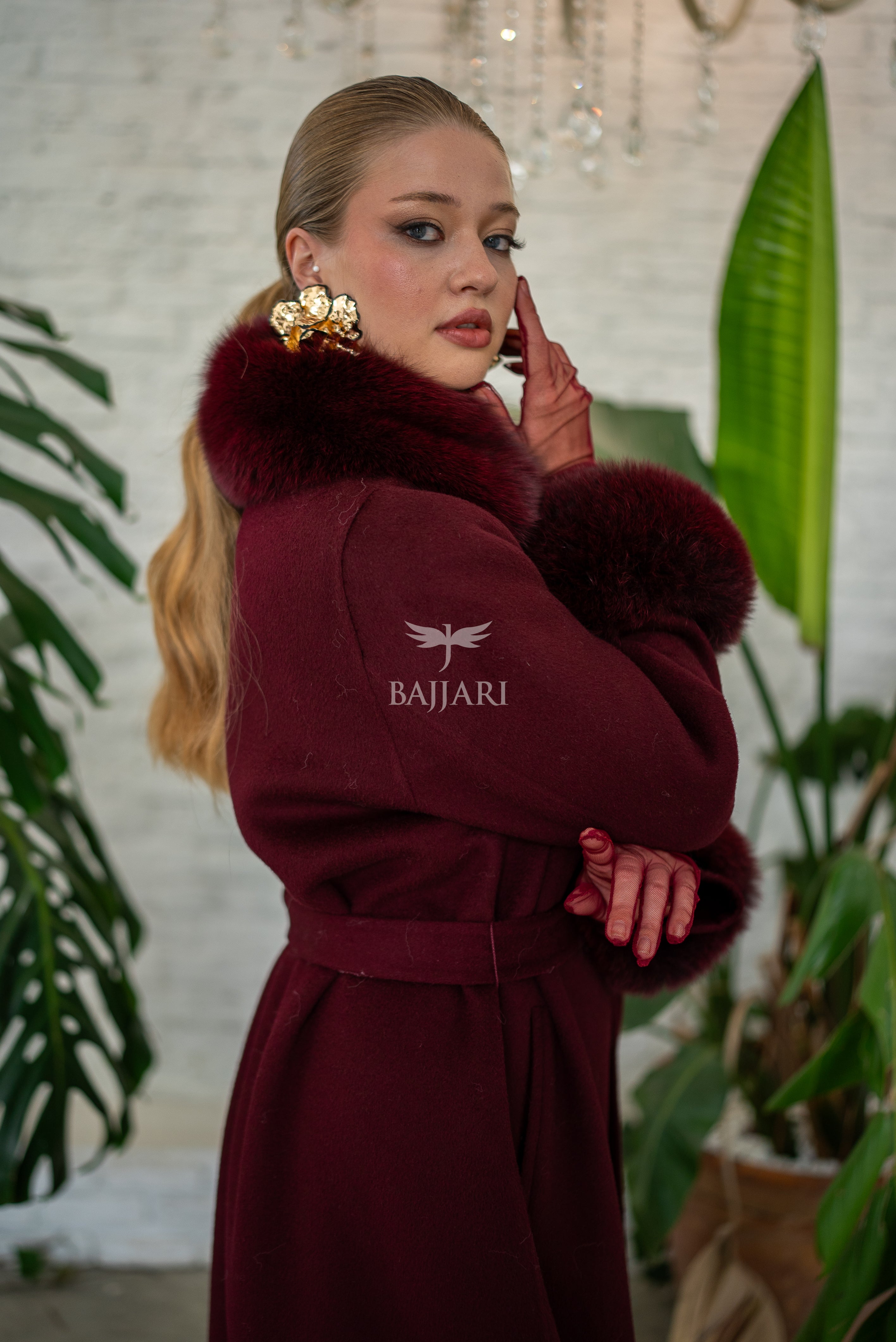 Women’s Coat Offering the Elegance of Luxurious Zibellino Alpaca Fabric with Fox Fur Collar, Sleeve Cuff Details& Fox Ornament Details on the Hemlines -9479-