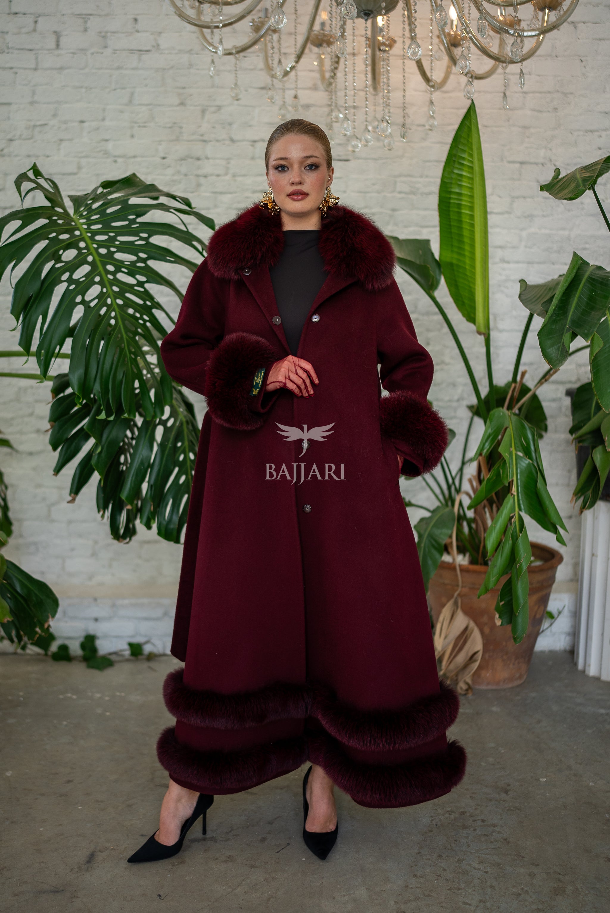 Women’s Coat Offering the Elegance of Luxurious Zibellino Alpaca Fabric with Fox Fur Collar, Sleeve Cuff Details& Fox Ornament Details on the Hemlines -9479-