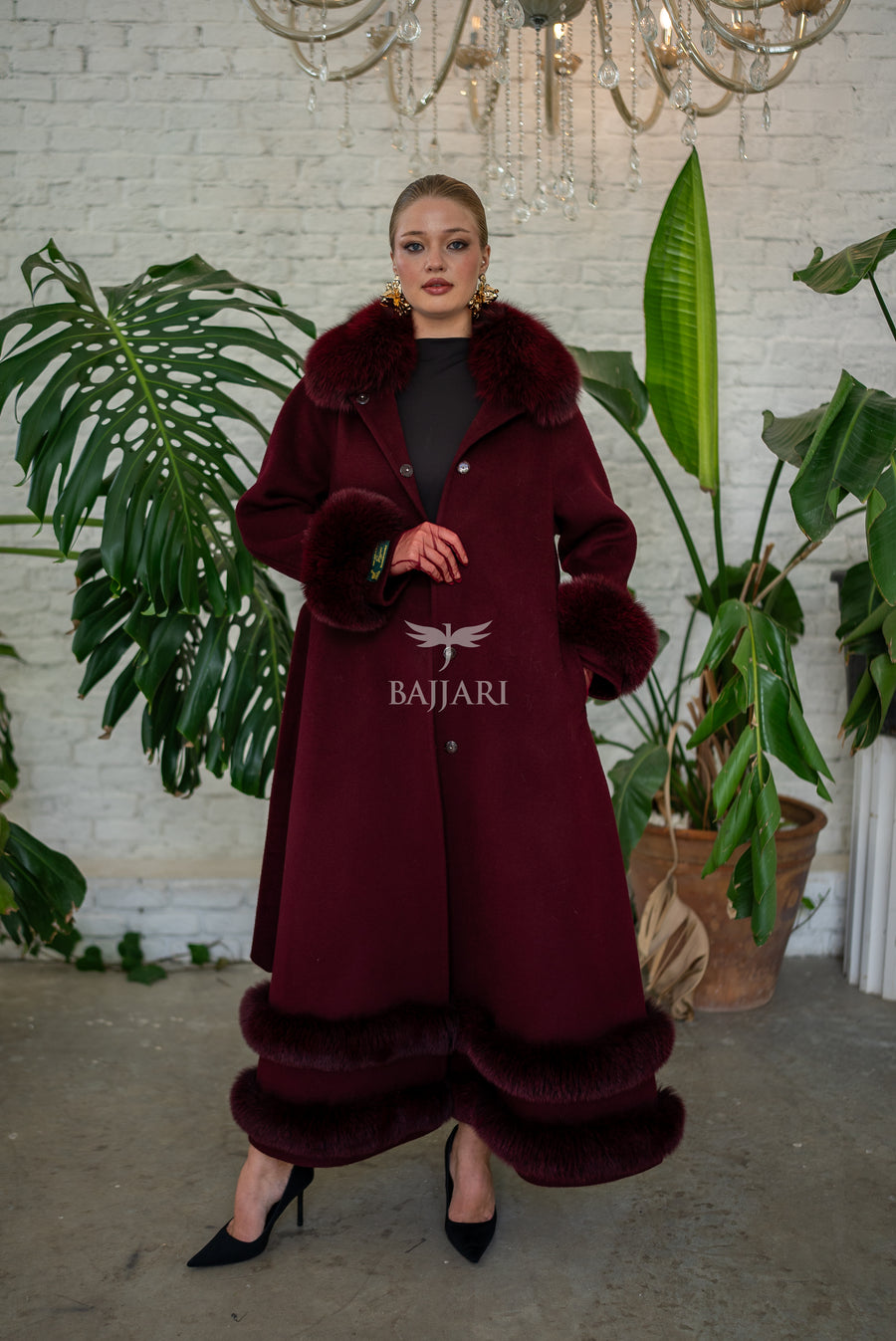 Women’s Coat Offering the Elegance of Luxurious Zibellino Alpaca Fabric with Fox Fur Collar, Sleeve Cuff Details& Fox Ornament Details on the Hemlines -9479-