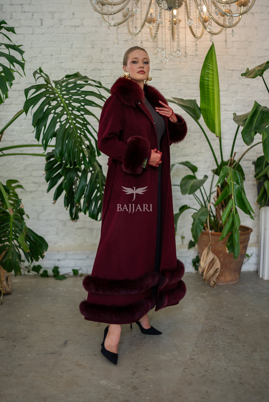 Women’s Coat Offering the Elegance of Luxurious Zibellino Alpaca Fabric with Fox Fur Collar, Sleeve Cuff Details& Fox Ornament Details on the Hemlines -9479-