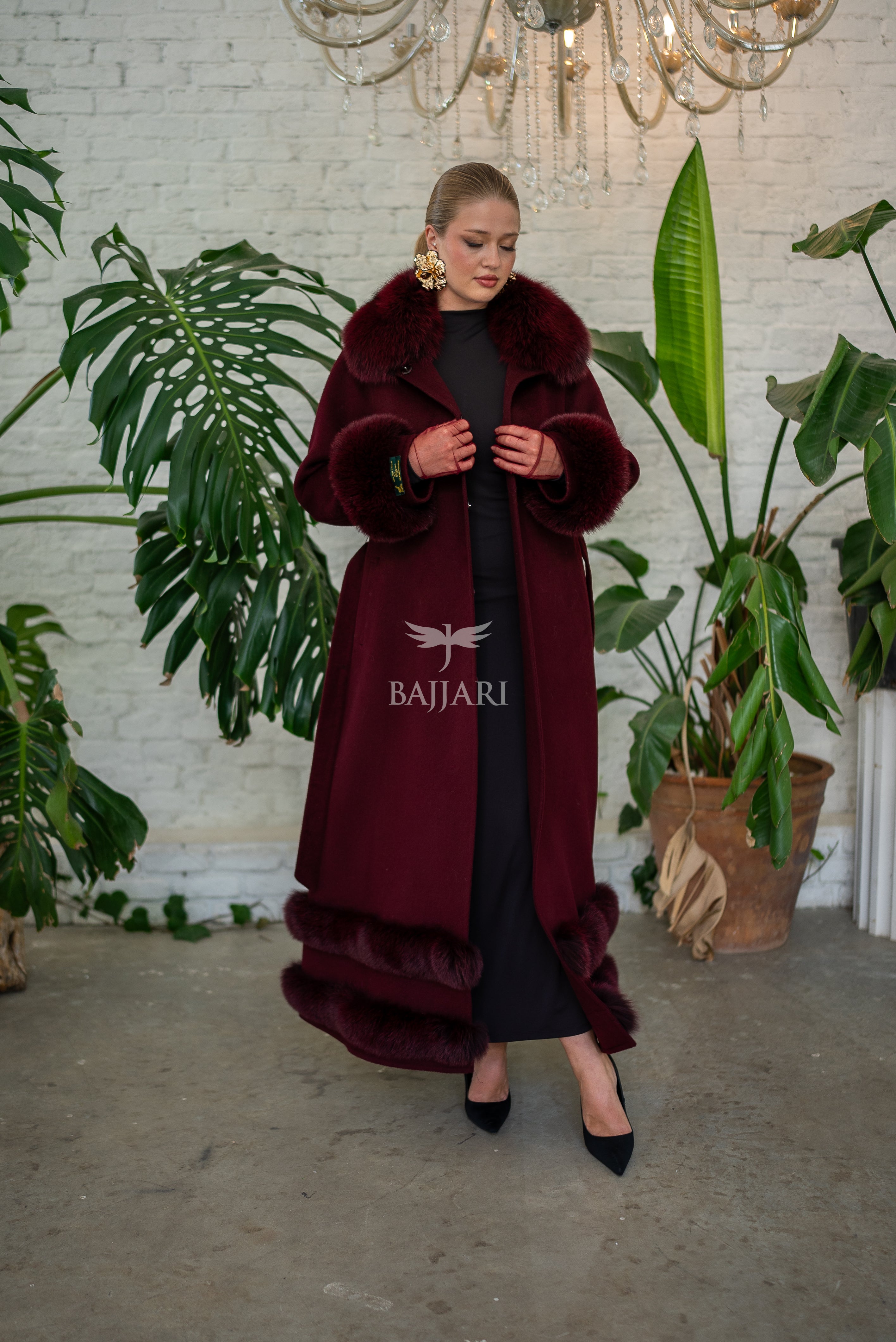 Women’s Coat Offering the Elegance of Luxurious Zibellino Alpaca Fabric with Fox Fur Collar, Sleeve Cuff Details& Fox Ornament Details on the Hemlines -9479-