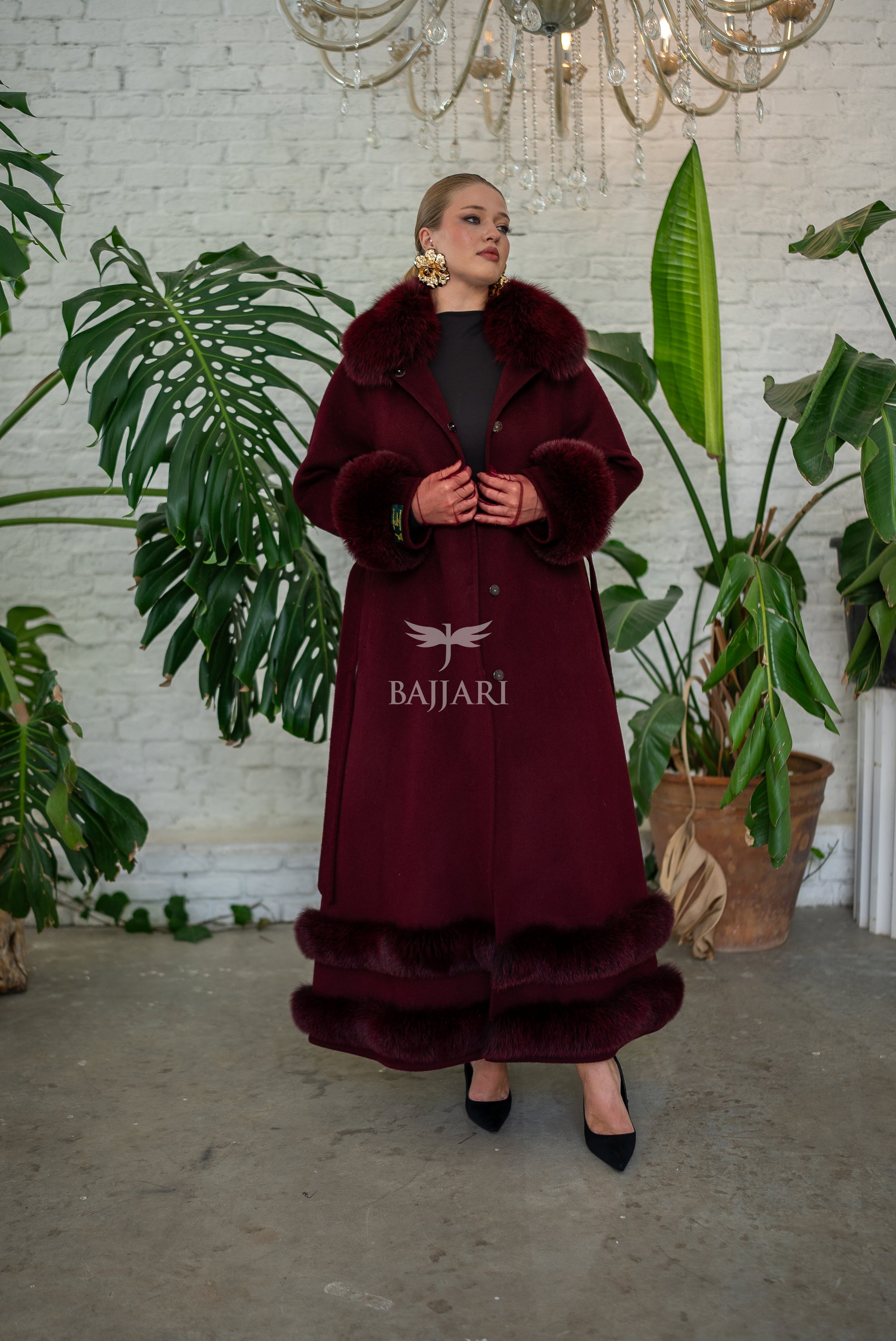 Women’s Coat Offering the Elegance of Luxurious Zibellino Alpaca Fabric with Fox Fur Collar, Sleeve Cuff Details& Fox Ornament Details on the Hemlines -9479-