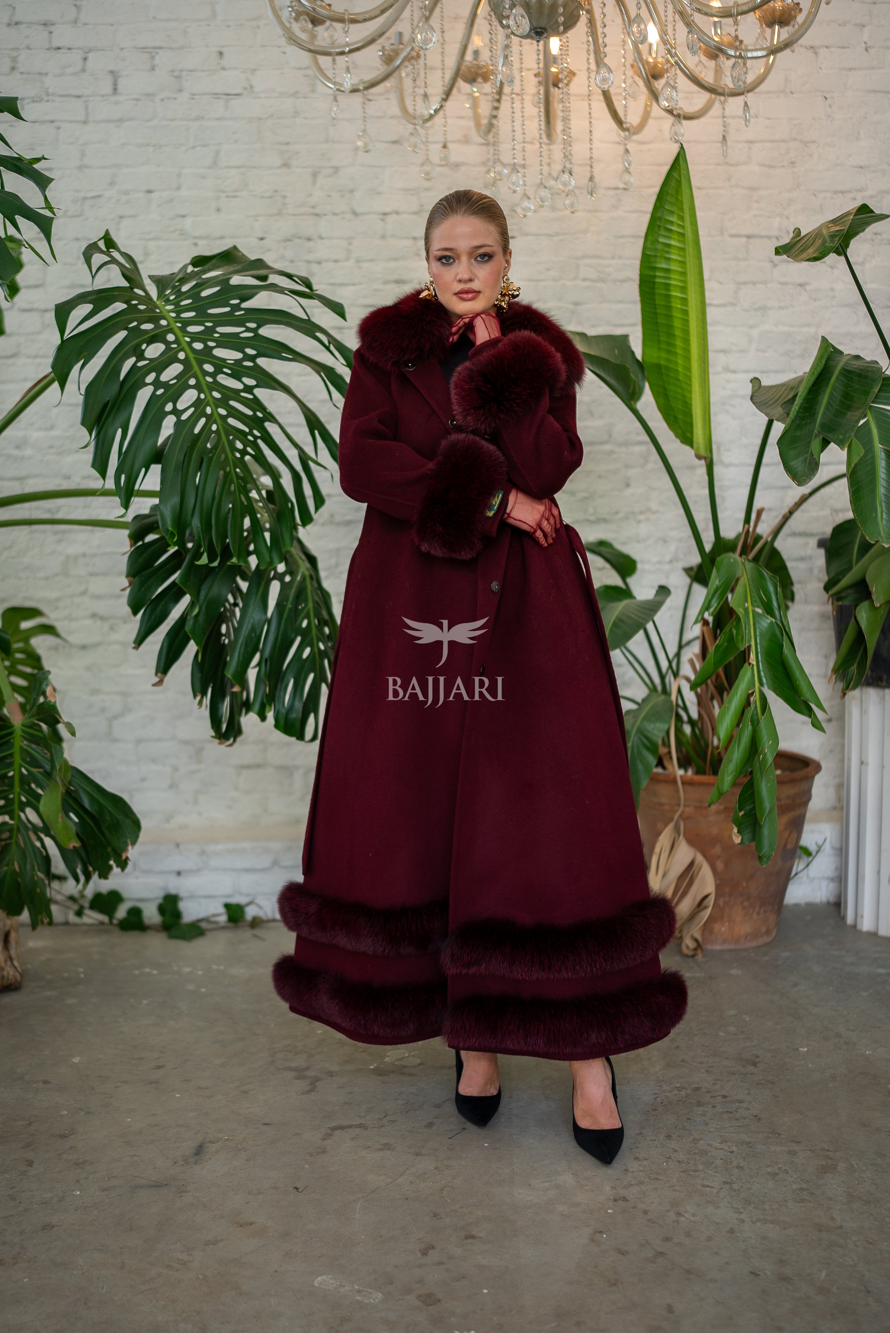 Women’s Coat Offering the Elegance of Luxurious Zibellino Alpaca Fabric with Fox Fur Collar, Sleeve Cuff Details& Fox Ornament Details on the Hemlines -9479-