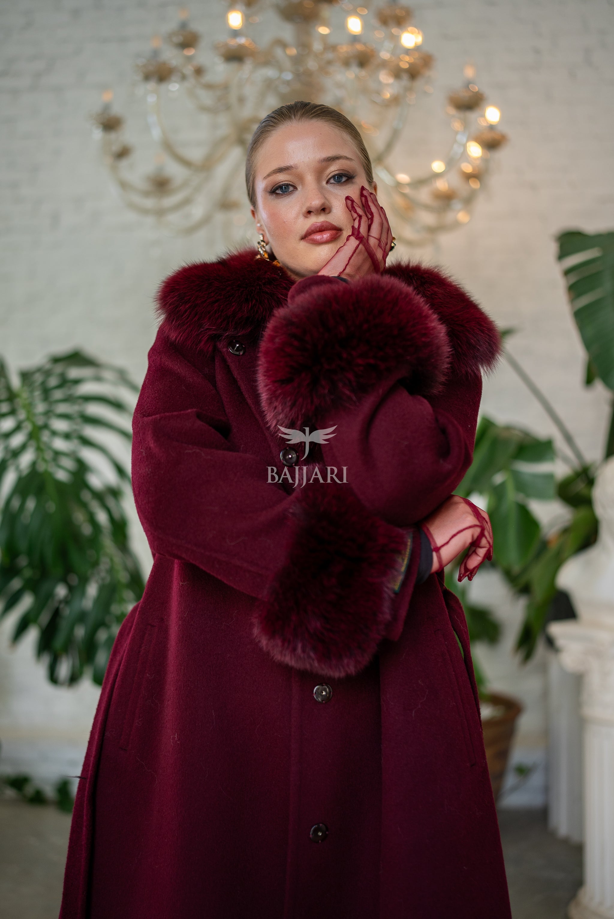 Women’s Coat Offering the Elegance of Luxurious Zibellino Alpaca Fabric with Fox Fur Collar, Sleeve Cuff Details& Fox Ornament Details on the Hemlines -9479-