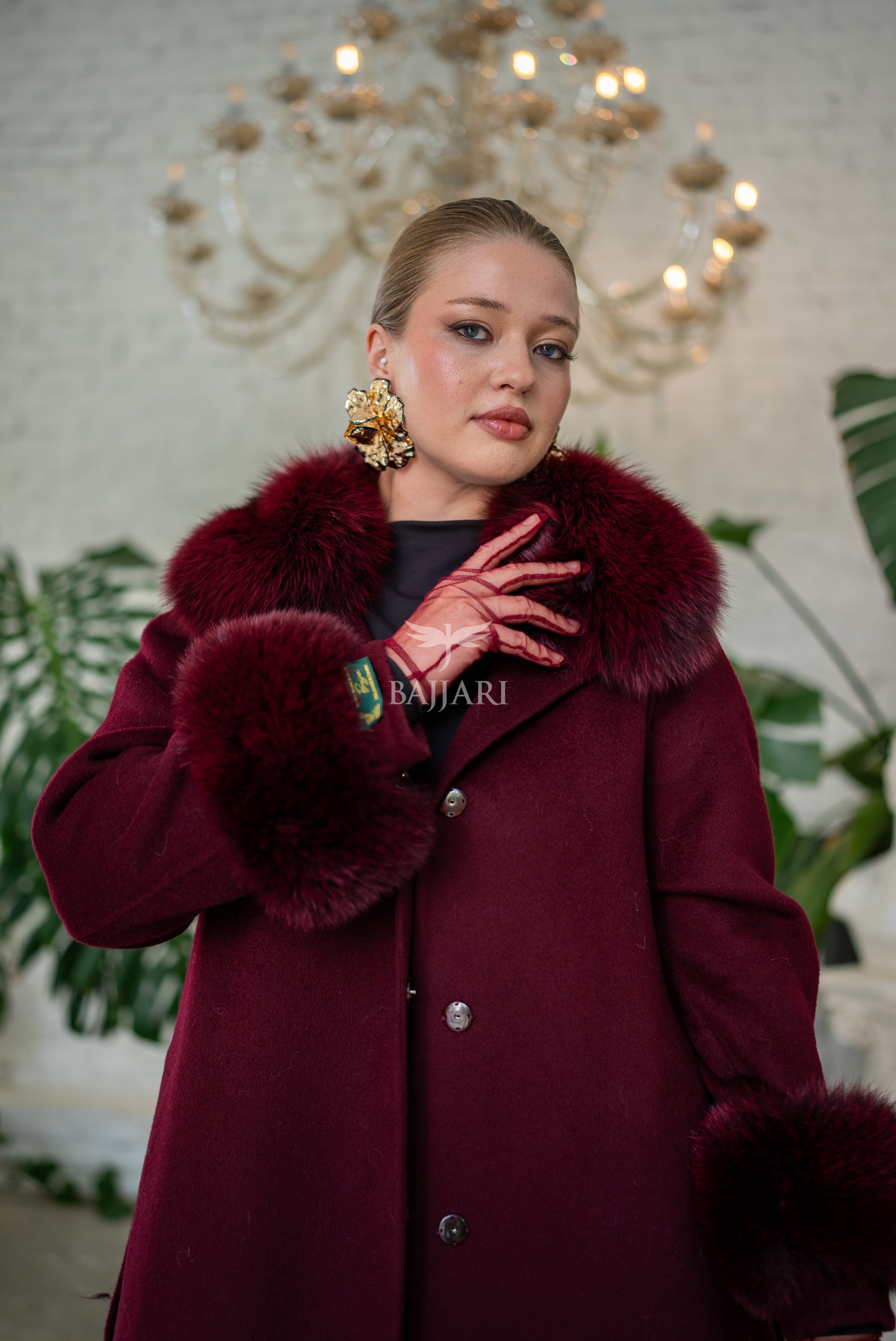 Women’s Coat Offering the Elegance of Luxurious Zibellino Alpaca Fabric with Fox Fur Collar, Sleeve Cuff Details& Fox Ornament Details on the Hemlines -9479-