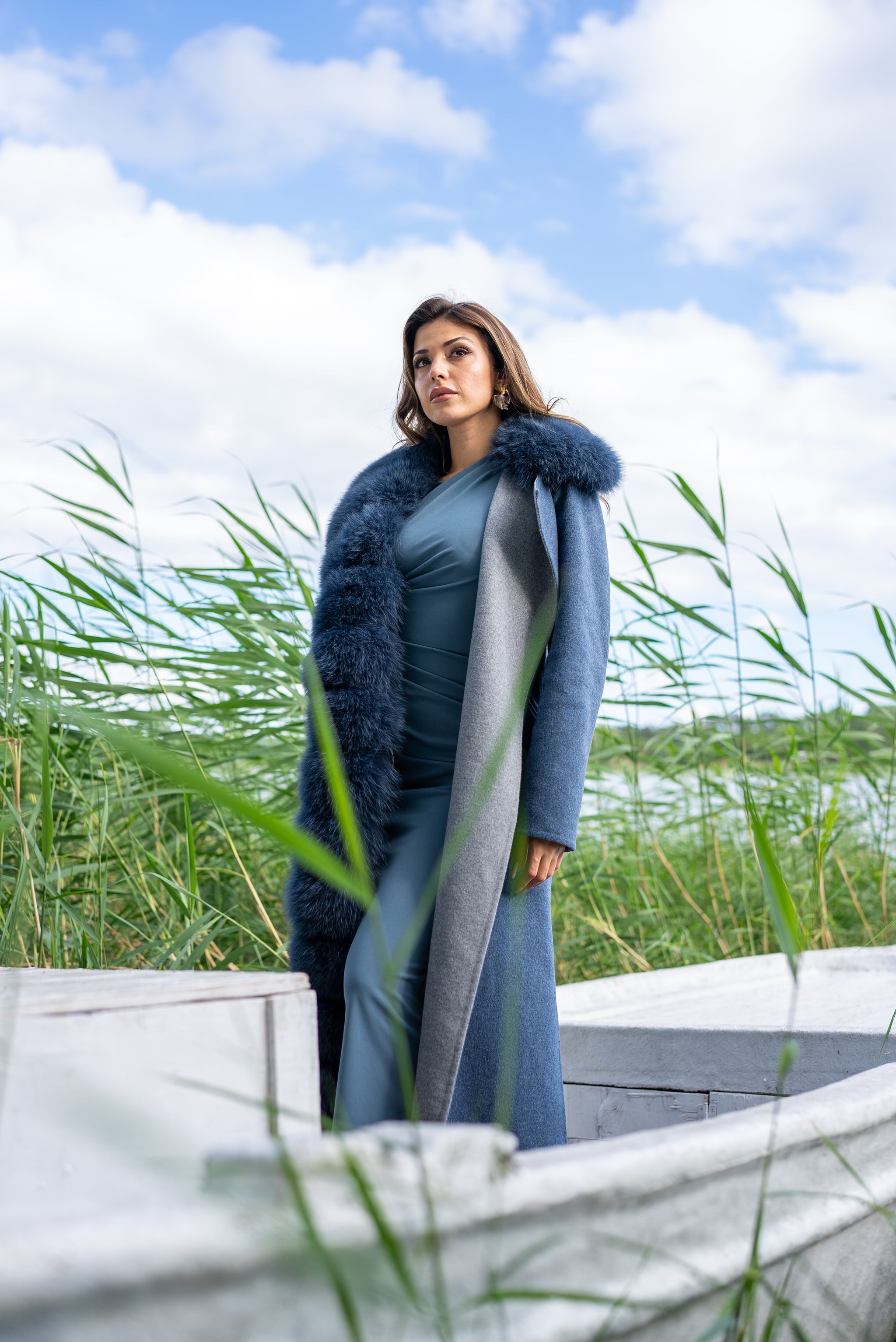 Women's Alpaca Wool Half Collar Real Fox Fur Jacket, Unique and Stylish Look -9418-