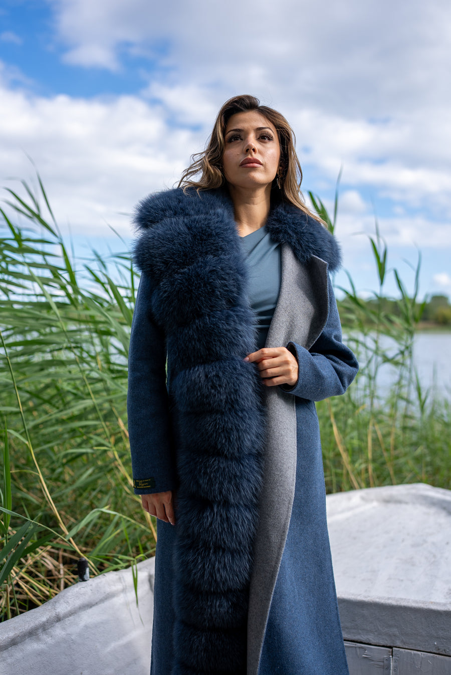 Women's Alpaca Wool Half Collar Real Fox Fur Jacket, Unique and Stylish Look -9418-