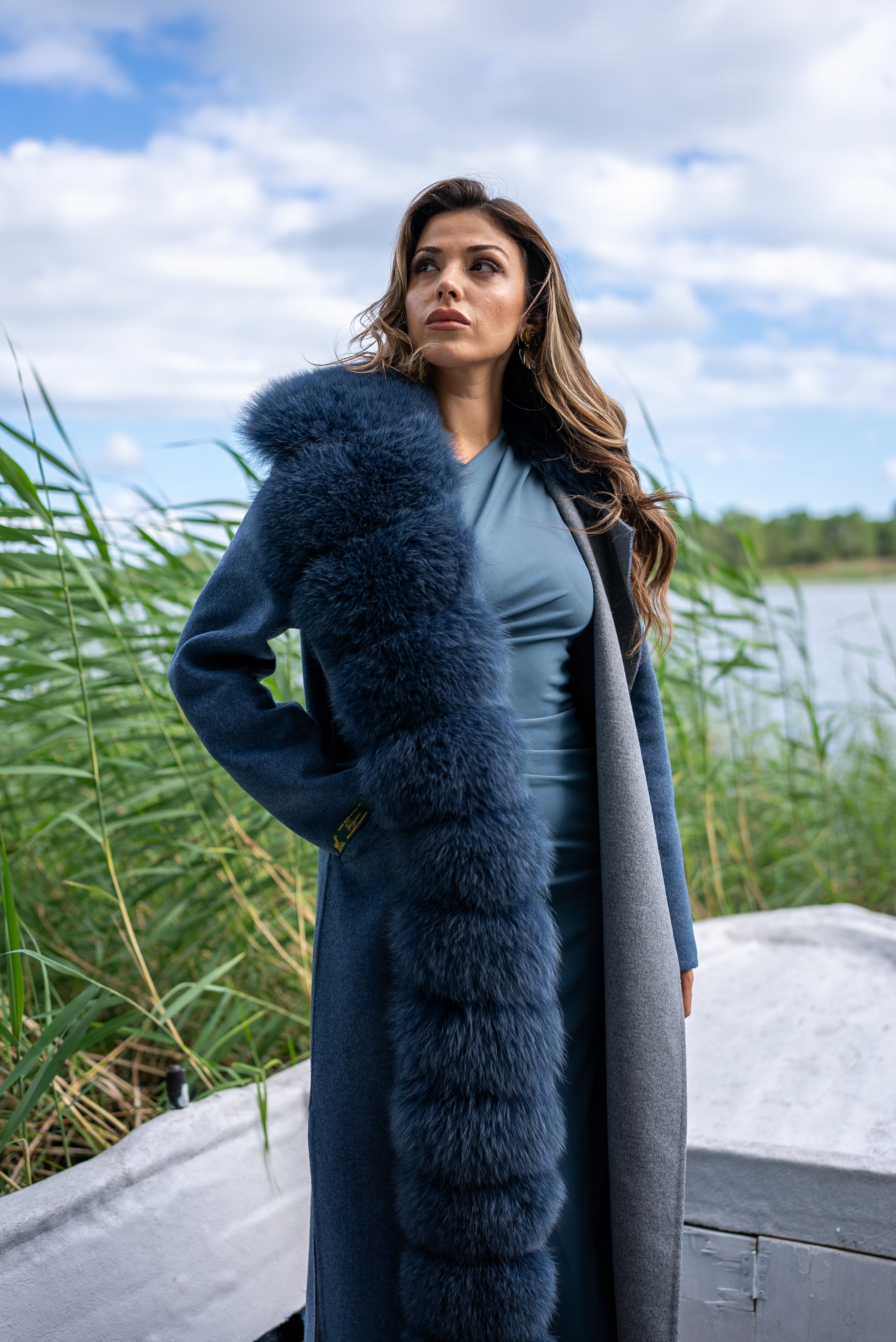 Women's Alpaca Wool Half Collar Real Fox Fur Jacket, Unique and Stylish Look -9418-