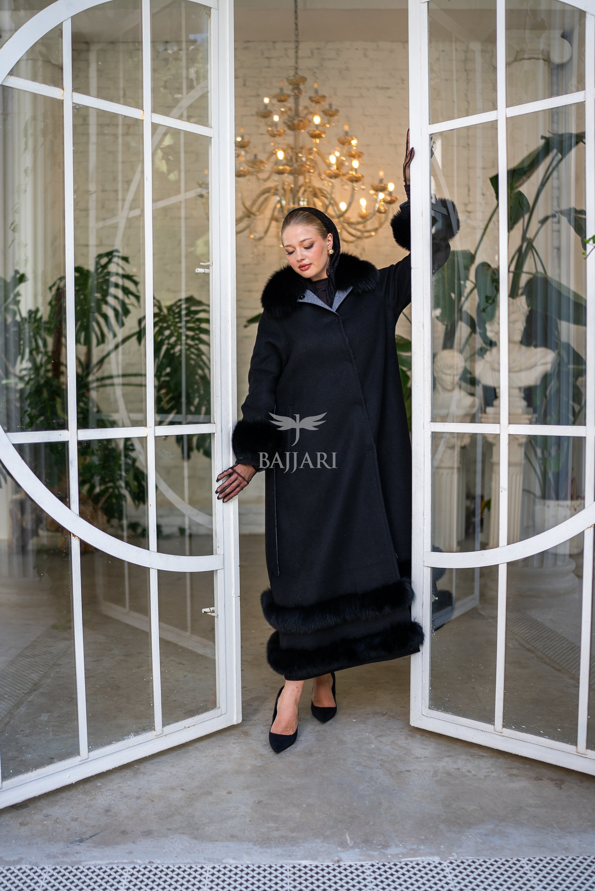 Women's Coat Offering the Elegance of Luxurious Zibellino Alpaca Fabric with Fox Fur Collar, Sleeve Cuff Details& Fox Ornament Details on the Hemlines -9479-