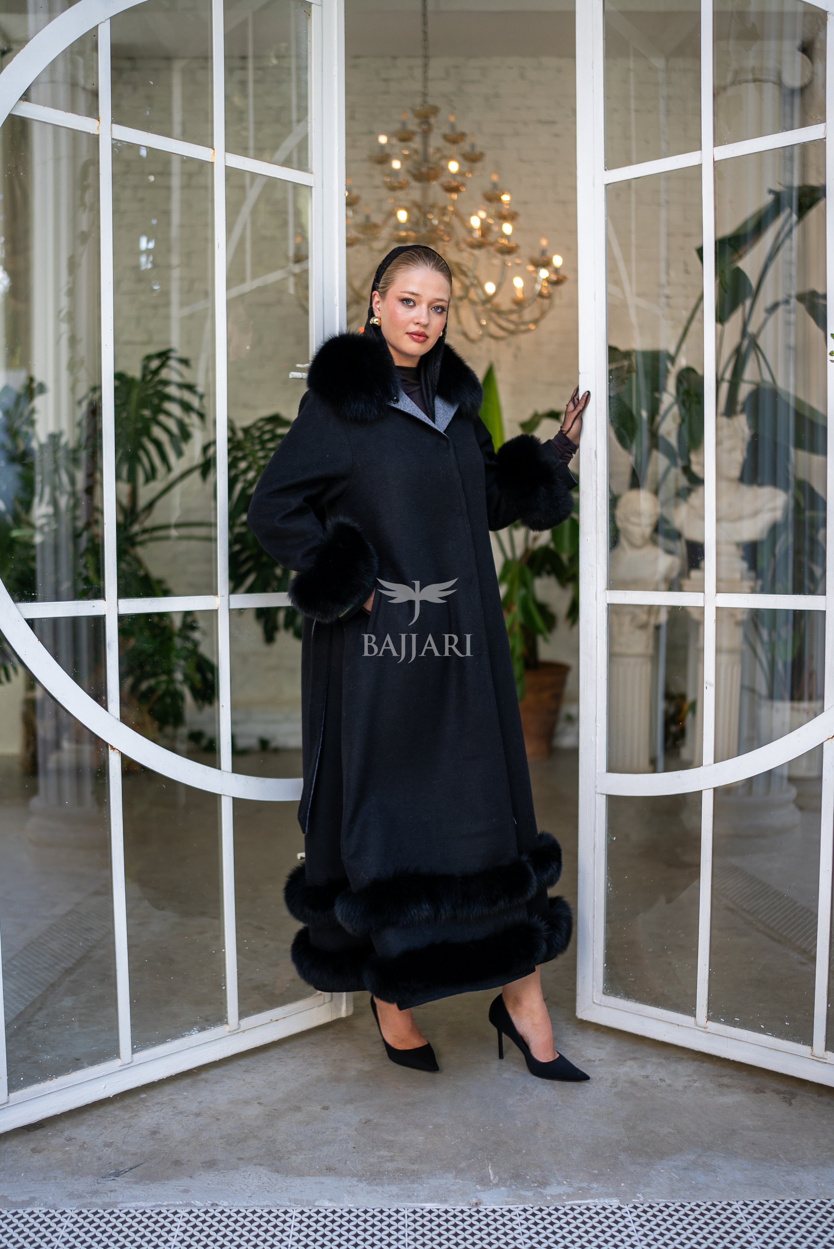 Women's Coat Offering the Elegance of Luxurious Zibellino Alpaca Fabric with Fox Fur Collar, Sleeve Cuff Details& Fox Ornament Details on the Hemlines -9479-