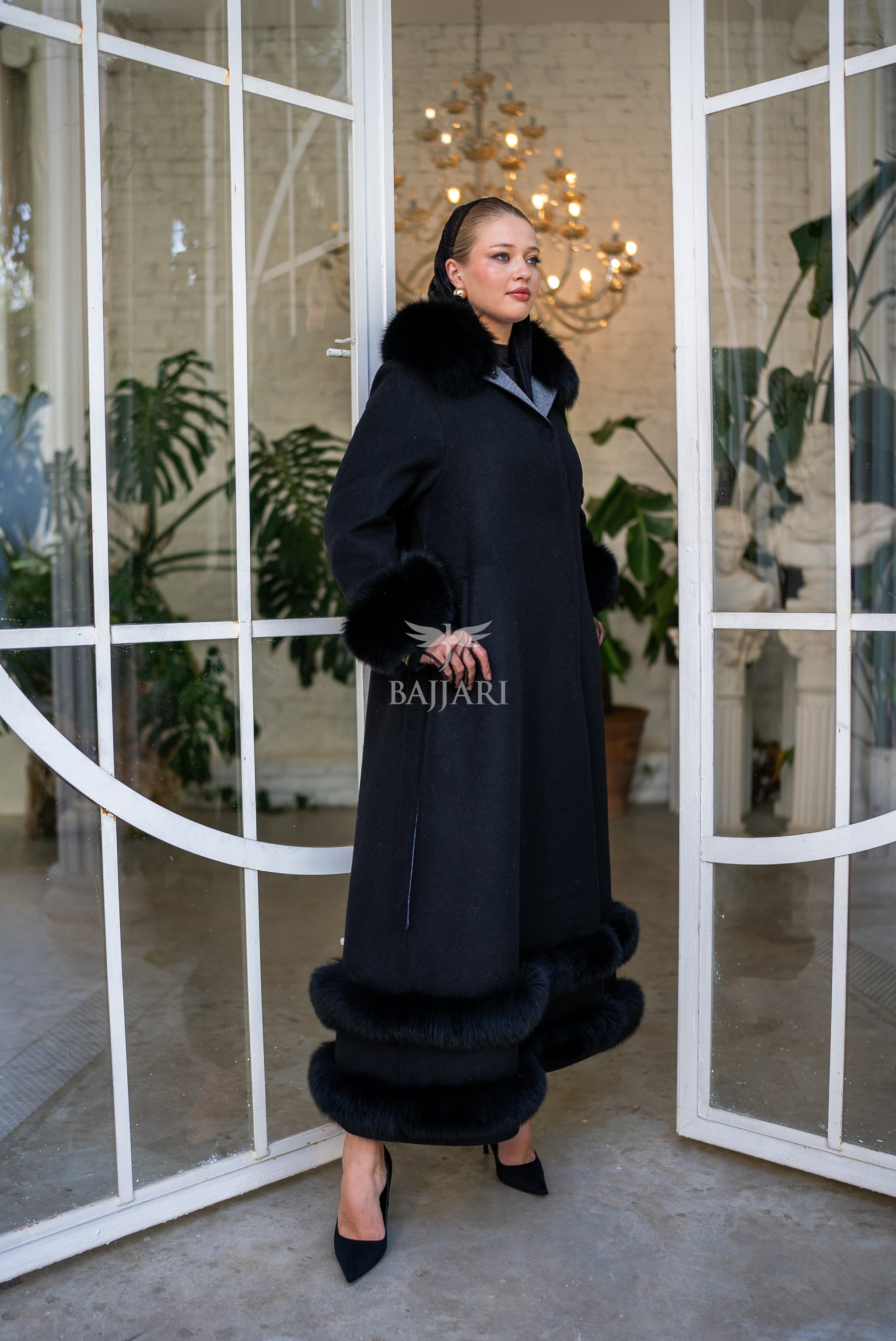 Women's Coat Offering the Elegance of Luxurious Zibellino Alpaca Fabric with Fox Fur Collar, Sleeve Cuff Details& Fox Ornament Details on the Hemlines -9479-
