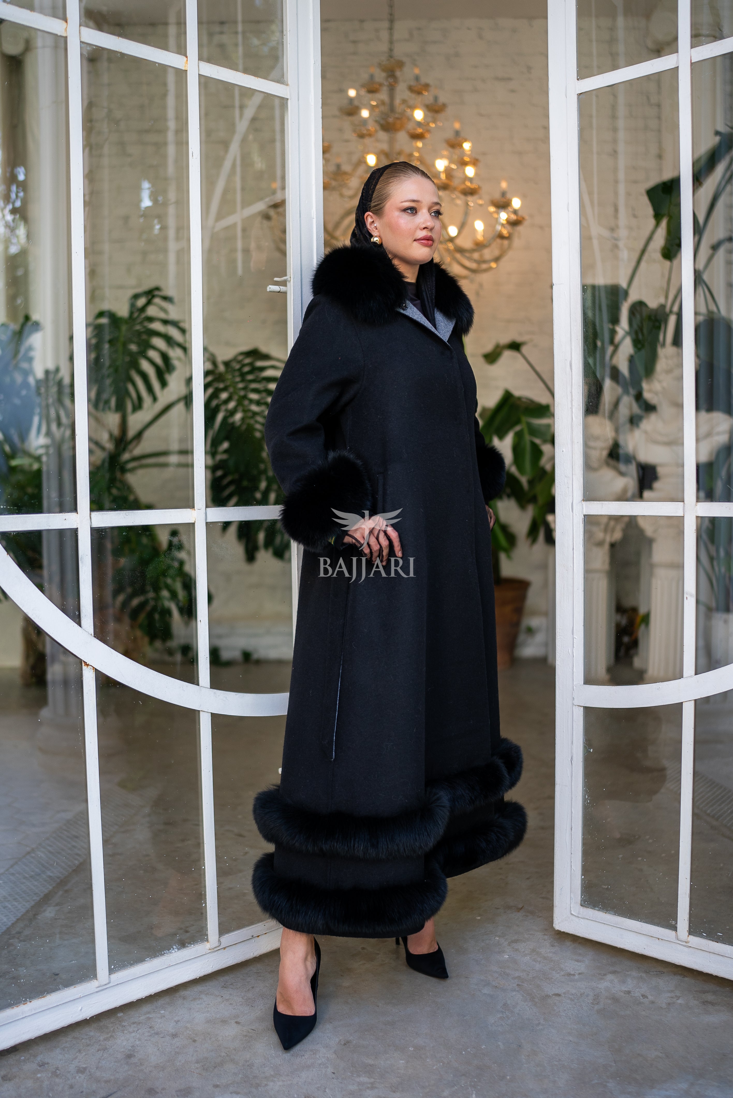 Women's Coat Offering the Elegance of Luxurious Zibellino Alpaca Fabric with Fox Fur Collar, Sleeve Cuff Details& Fox Ornament Details on the Hemlines -9479-