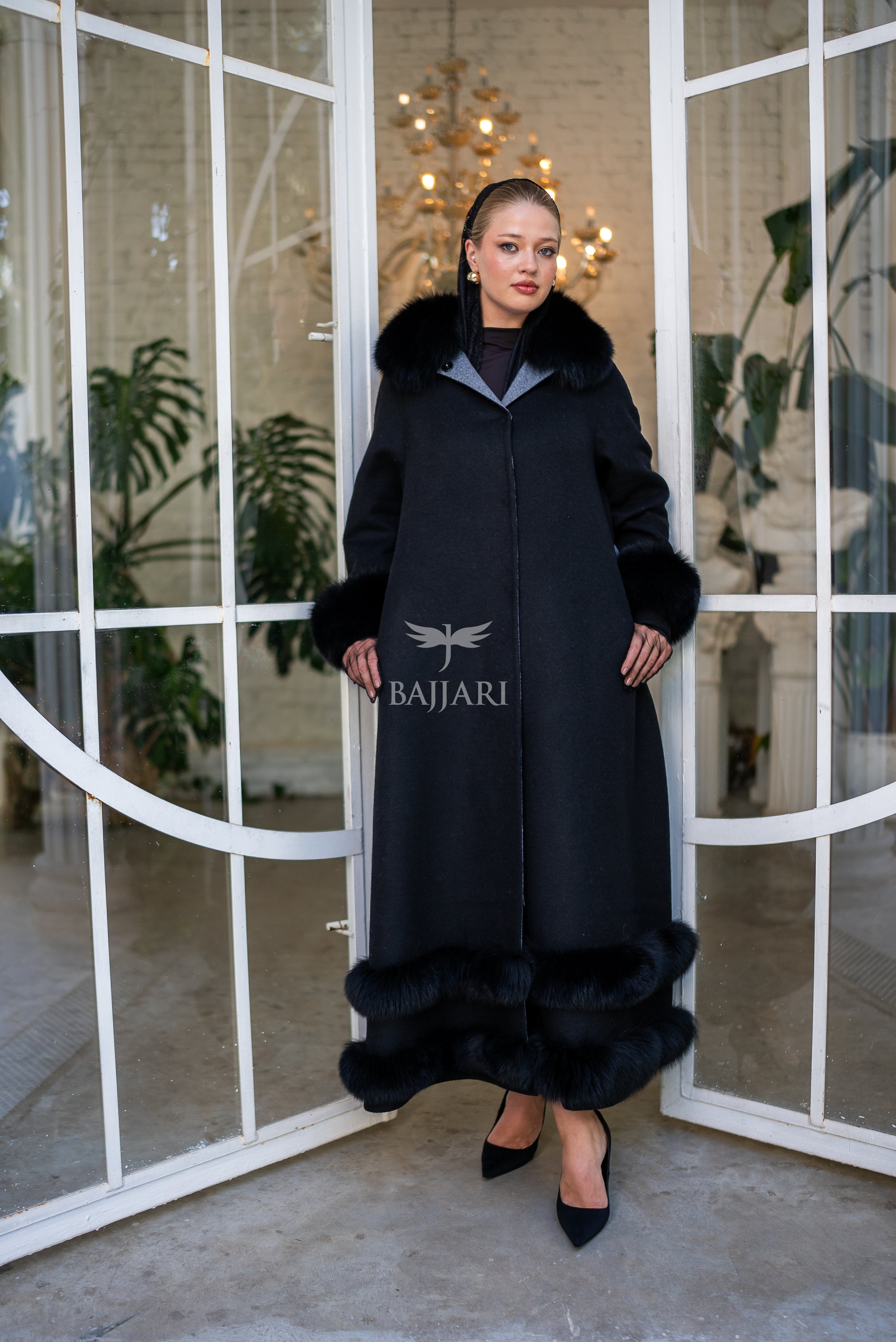 Women's Coat Offering the Elegance of Luxurious Zibellino Alpaca Fabric with Fox Fur Collar, Sleeve Cuff Details& Fox Ornament Details on the Hemlines -9479-