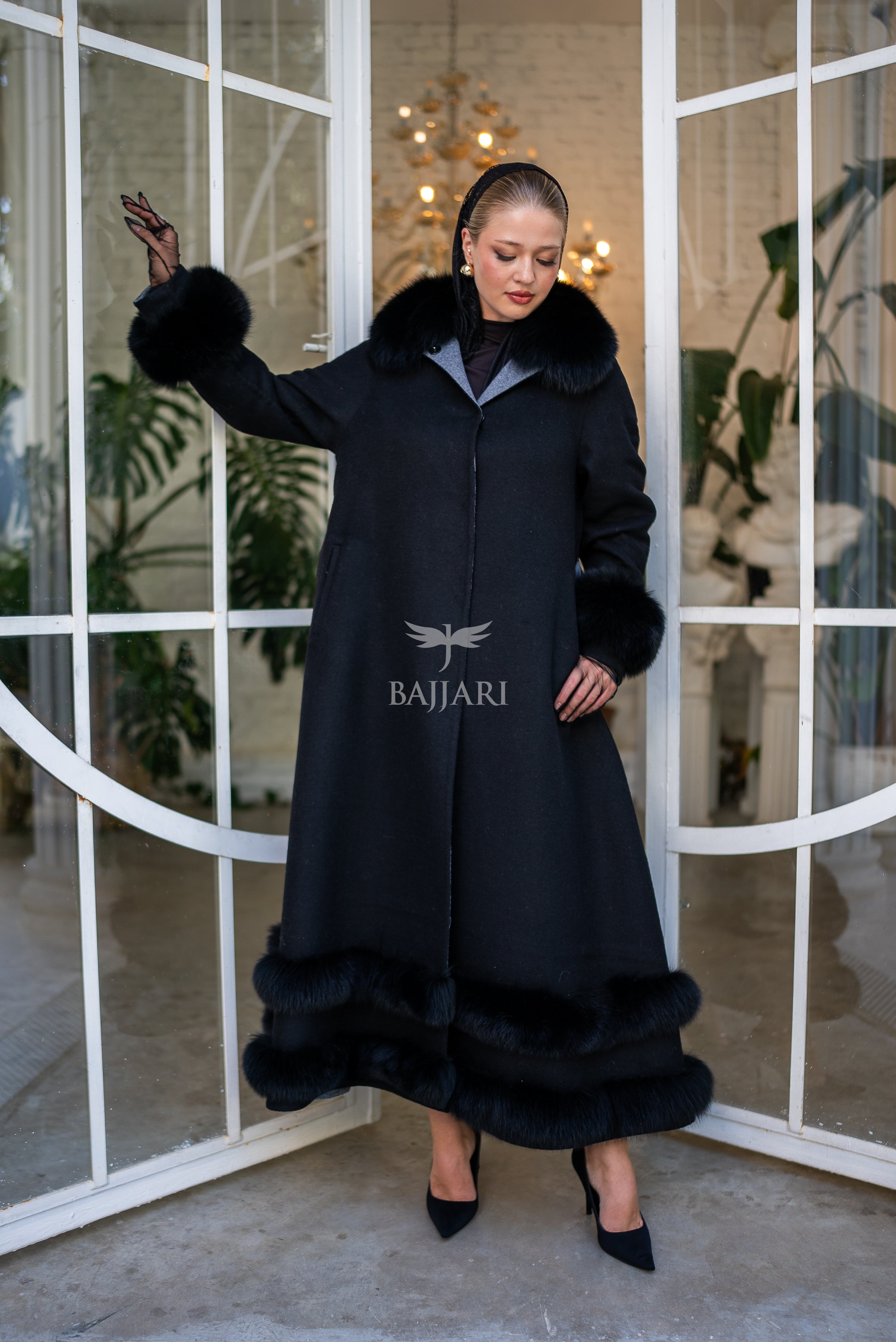 Women's Coat Offering the Elegance of Luxurious Zibellino Alpaca Fabric with Fox Fur Collar, Sleeve Cuff Details& Fox Ornament Details on the Hemlines -9479-