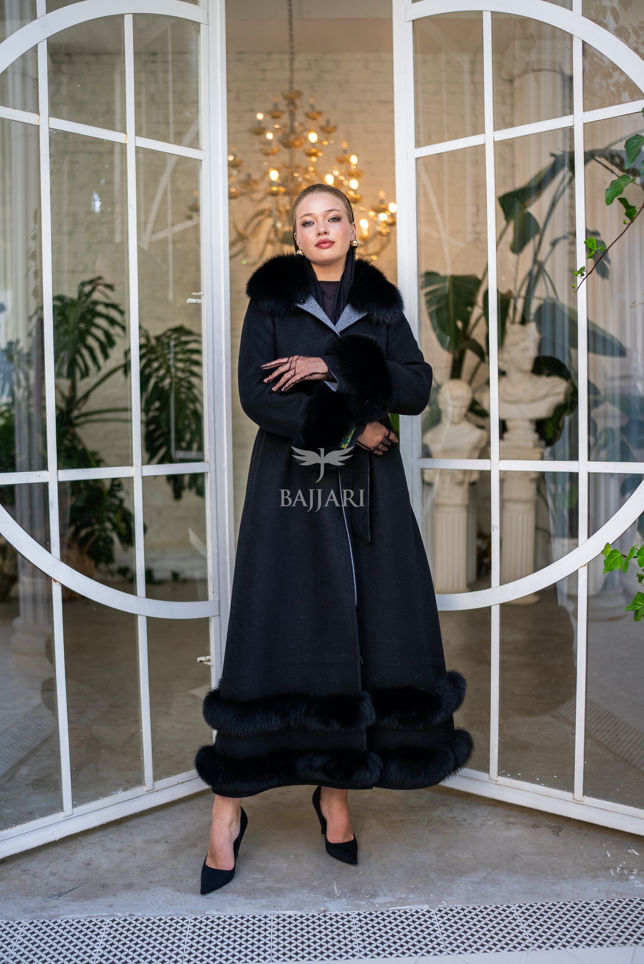 Women's Coat Offering the Elegance of Luxurious Zibellino Alpaca Fabric with Fox Fur Collar, Sleeve Cuff Details& Fox Ornament Details on the Hemlines -9479-
