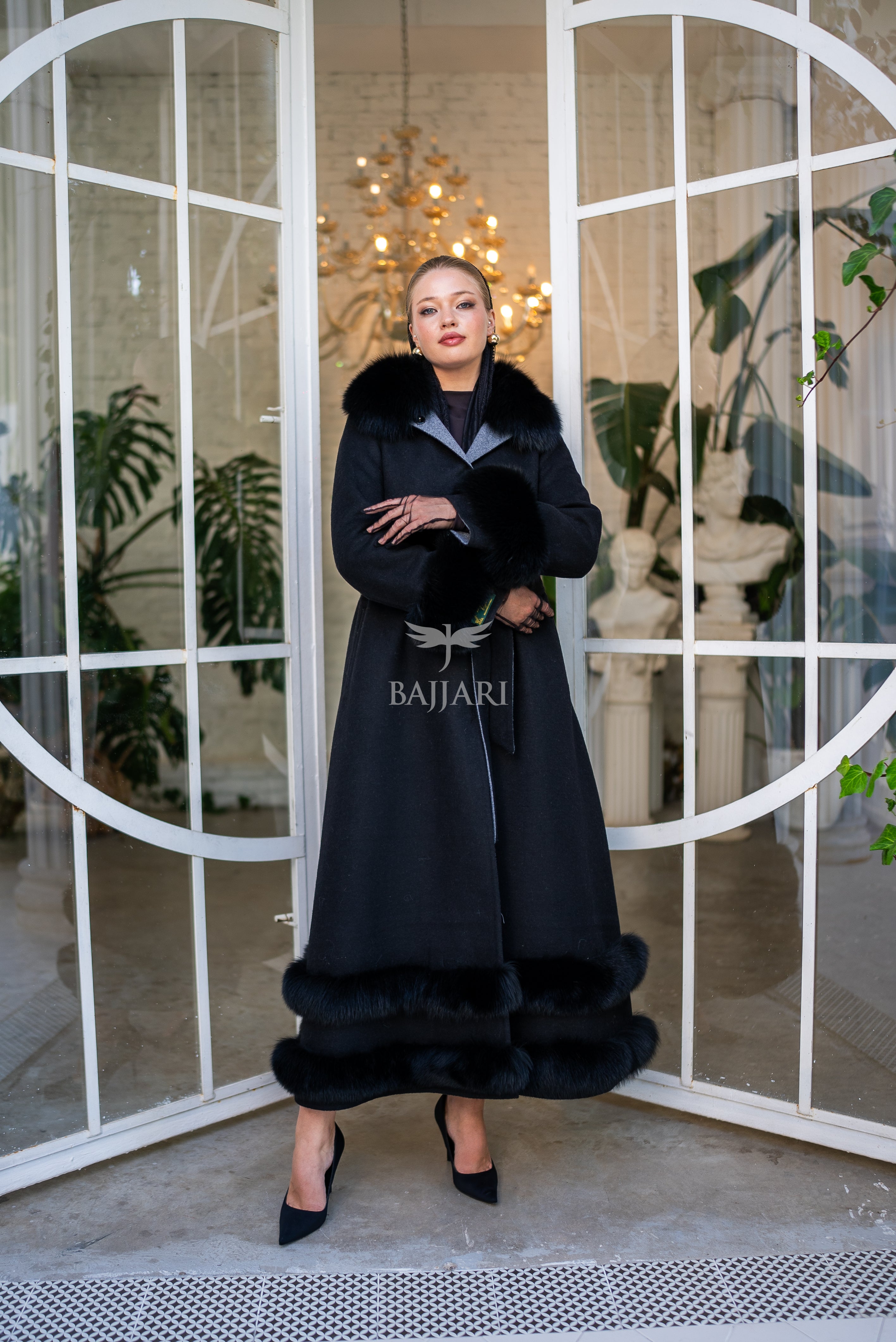Women's Coat Offering the Elegance of Luxurious Zibellino Alpaca Fabric with Fox Fur Collar, Sleeve Cuff Details& Fox Ornament Details on the Hemlines -9479-
