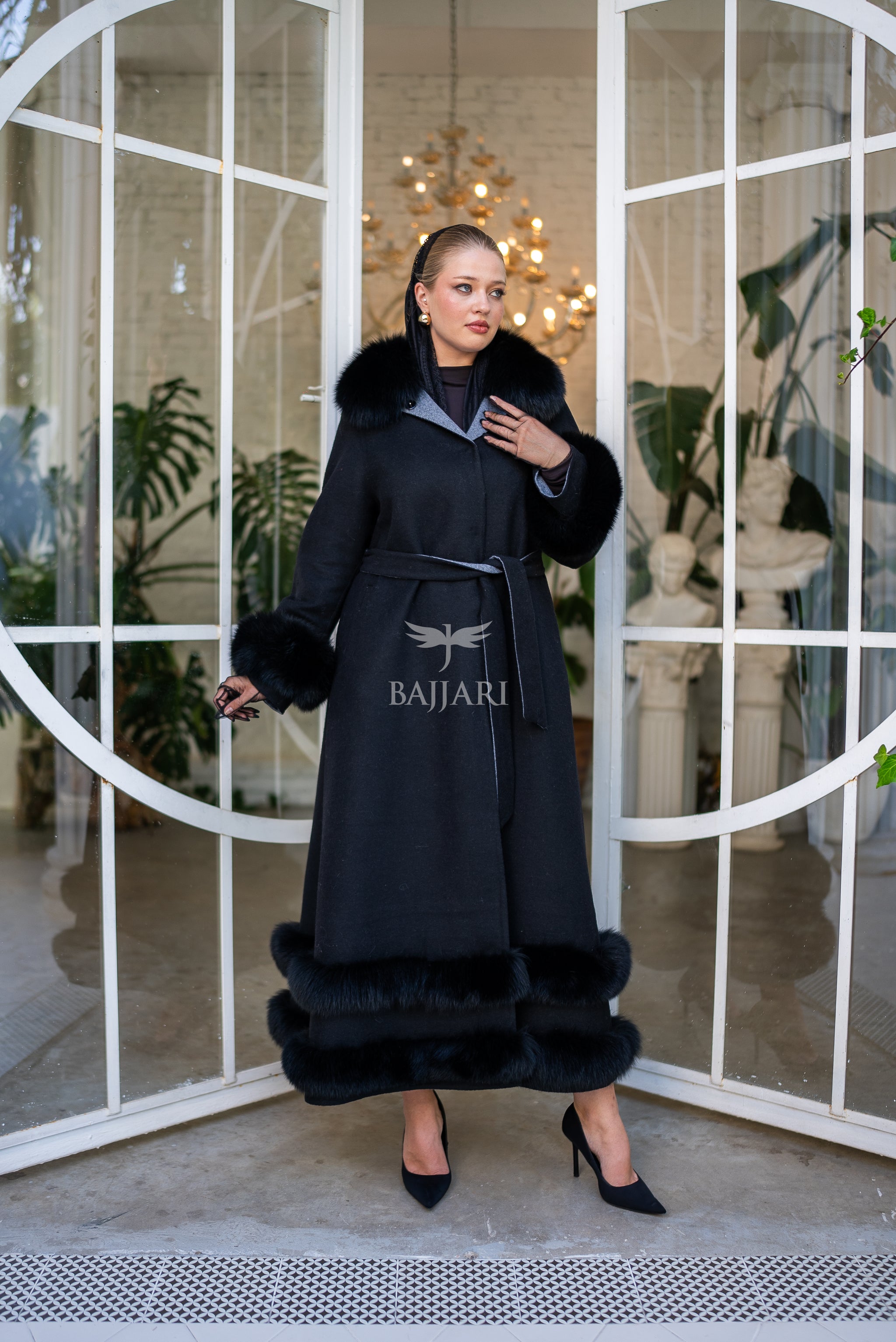 Women's Coat Offering the Elegance of Luxurious Zibellino Alpaca Fabric with Fox Fur Collar, Sleeve Cuff Details& Fox Ornament Details on the Hemlines -9479-