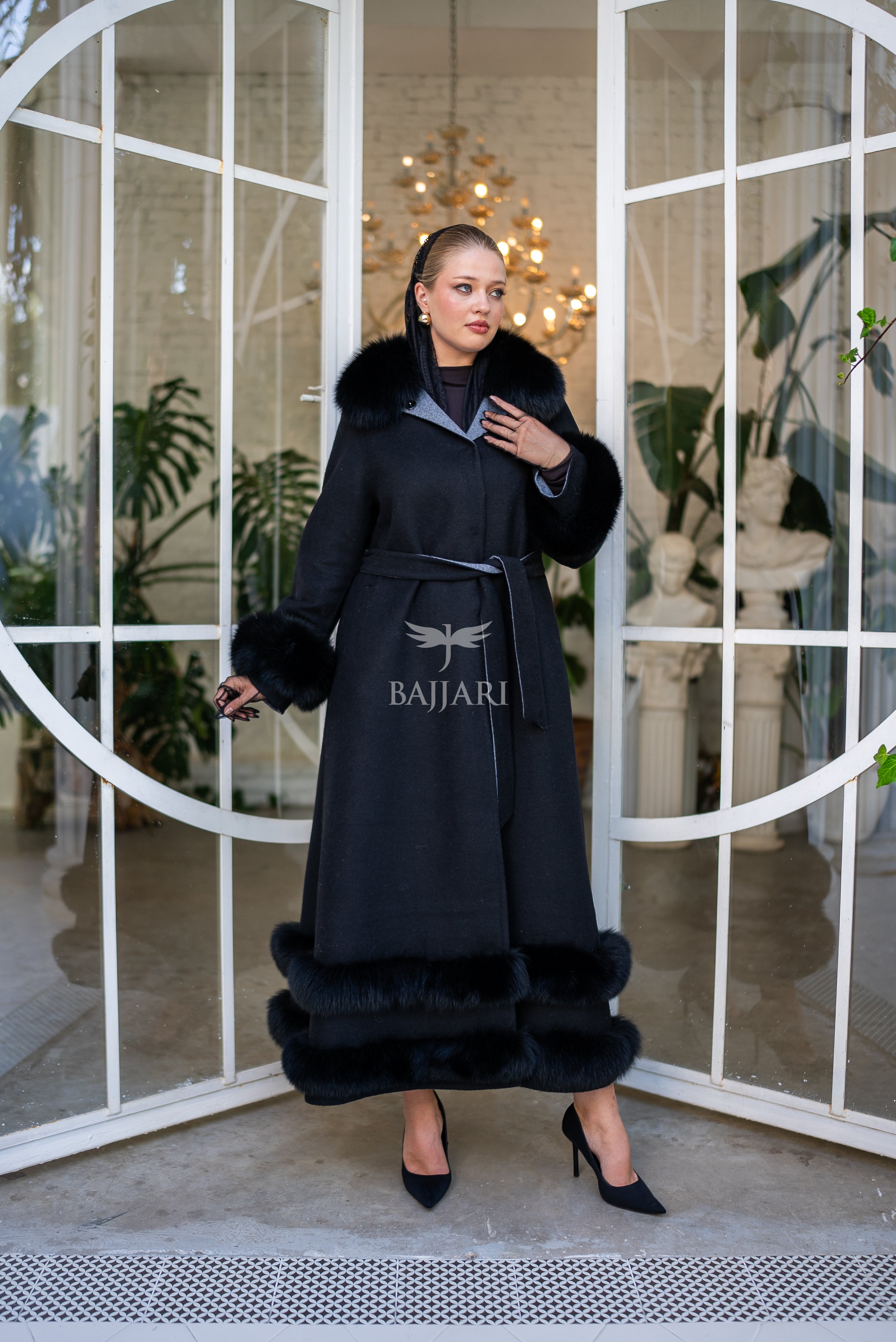 Women's Coat Offering the Elegance of Luxurious Zibellino Alpaca Fabric with Fox Fur Collar, Sleeve Cuff Details& Fox Ornament Details on the Hemlines -9479-