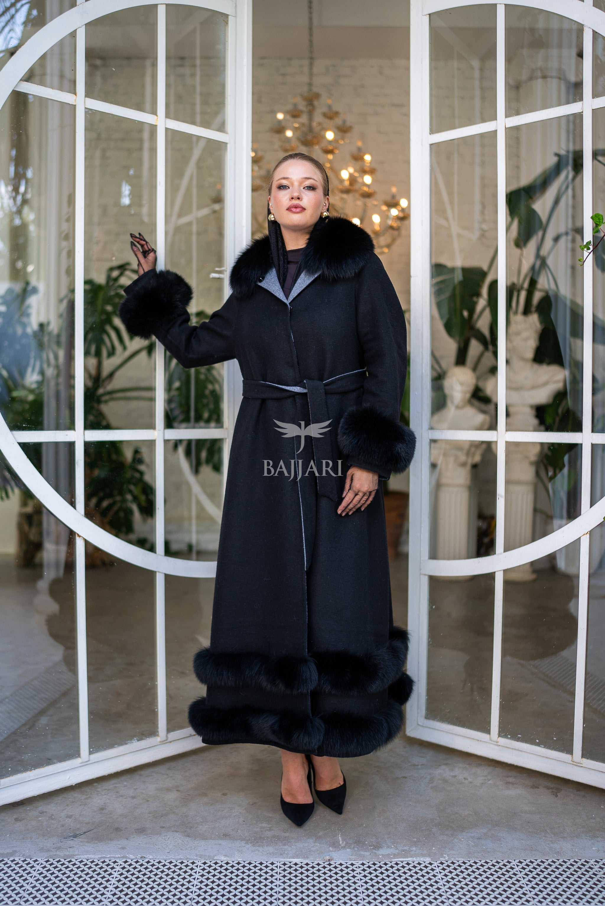 Women's Coat Offering the Elegance of Luxurious Zibellino Alpaca Fabric with Fox Fur Collar, Sleeve Cuff Details& Fox Ornament Details on the Hemlines -9479-