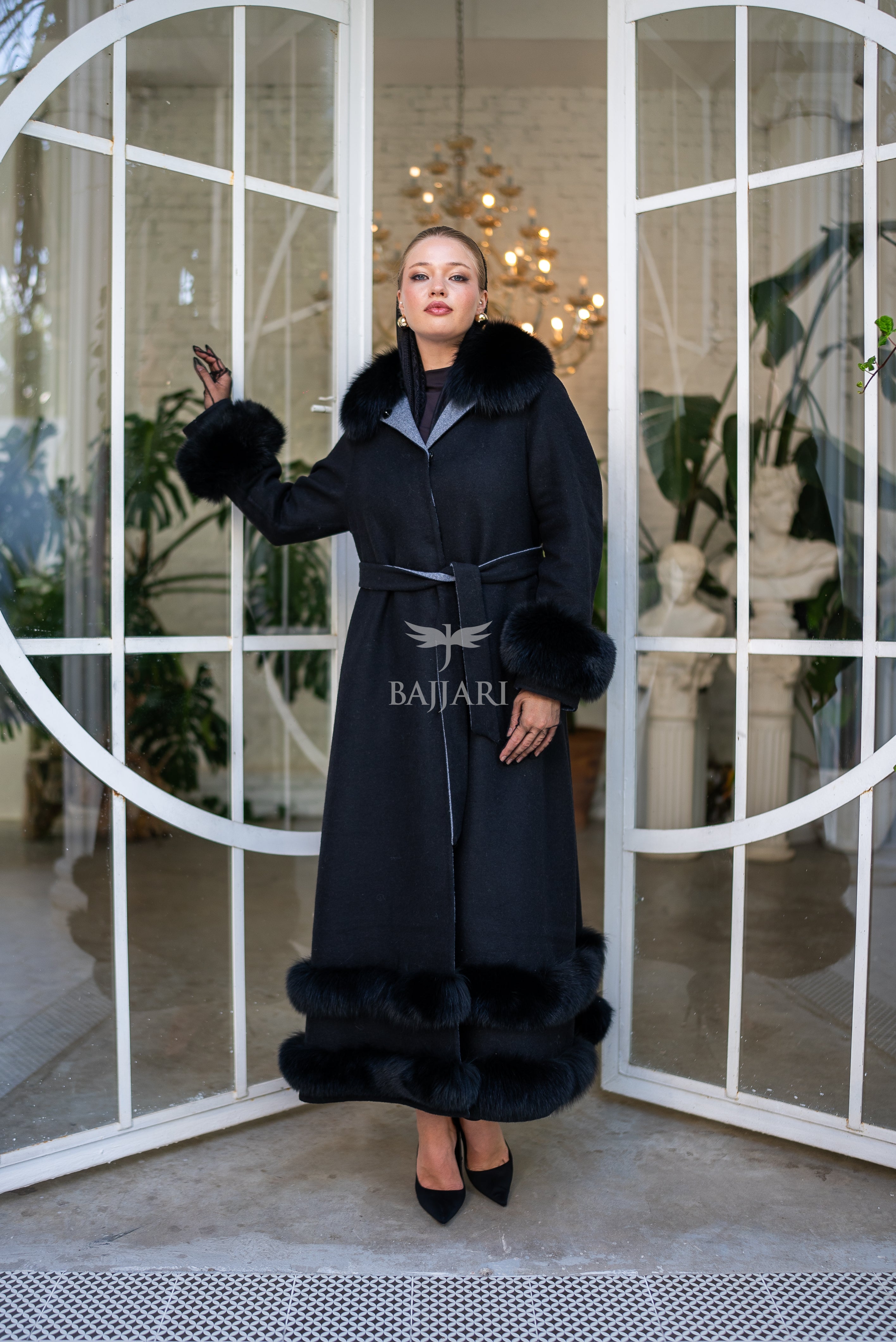 Women's Coat Offering the Elegance of Luxurious Zibellino Alpaca Fabric with Fox Fur Collar, Sleeve Cuff Details& Fox Ornament Details on the Hemlines -9479-