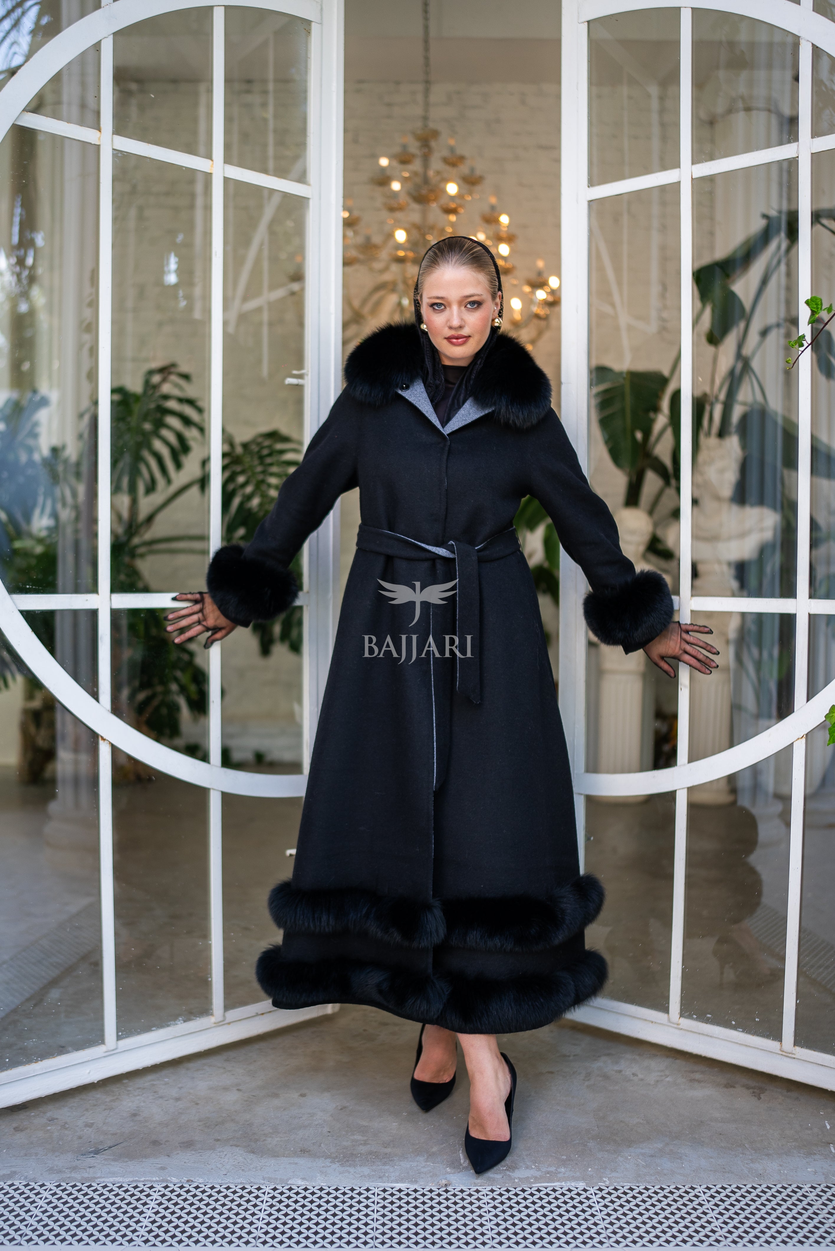 Women's Coat Offering the Elegance of Luxurious Zibellino Alpaca Fabric with Fox Fur Collar, Sleeve Cuff Details& Fox Ornament Details on the Hemlines -9479-