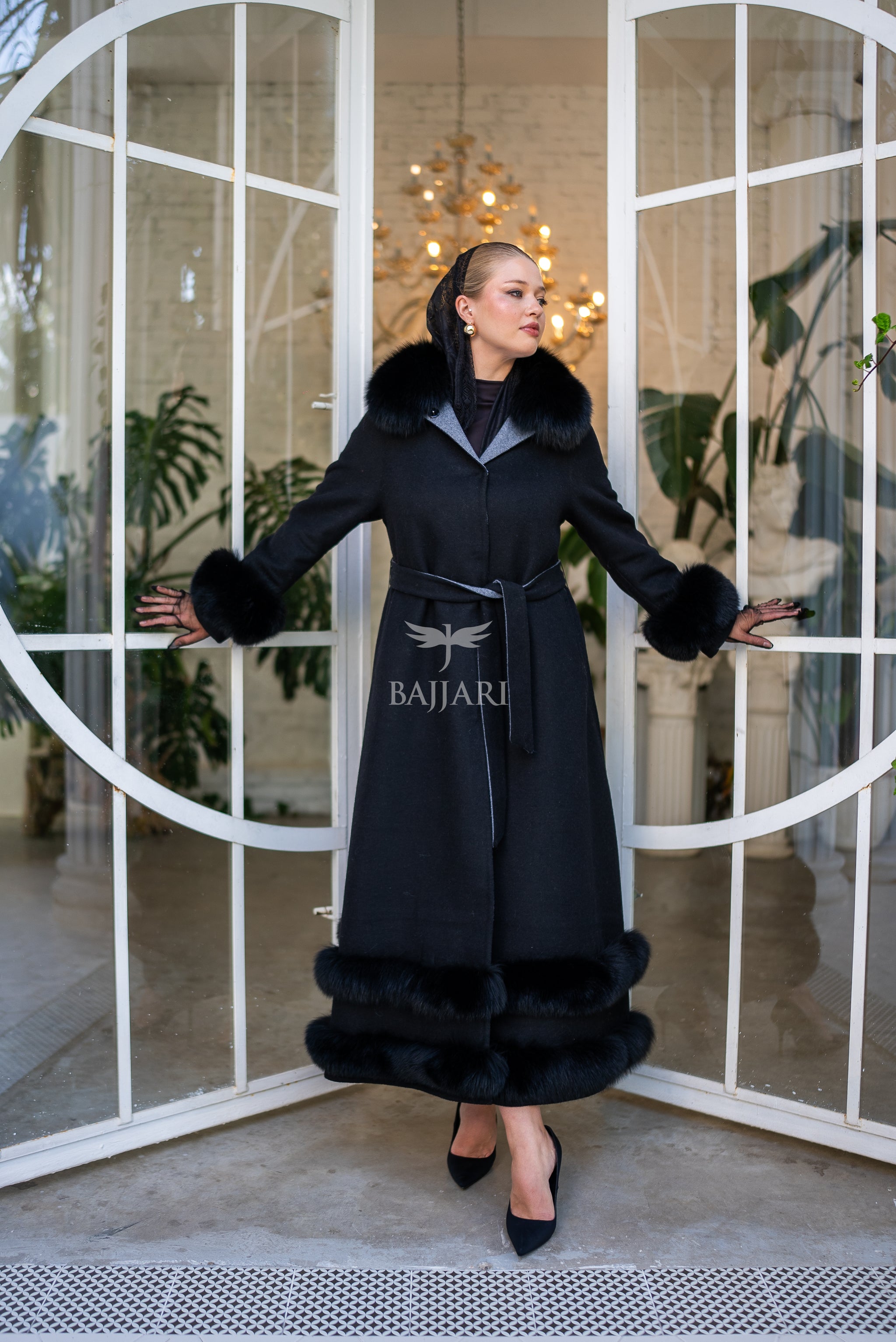 Women's Coat Offering the Elegance of Luxurious Zibellino Alpaca Fabric with Fox Fur Collar, Sleeve Cuff Details& Fox Ornament Details on the Hemlines -9479-