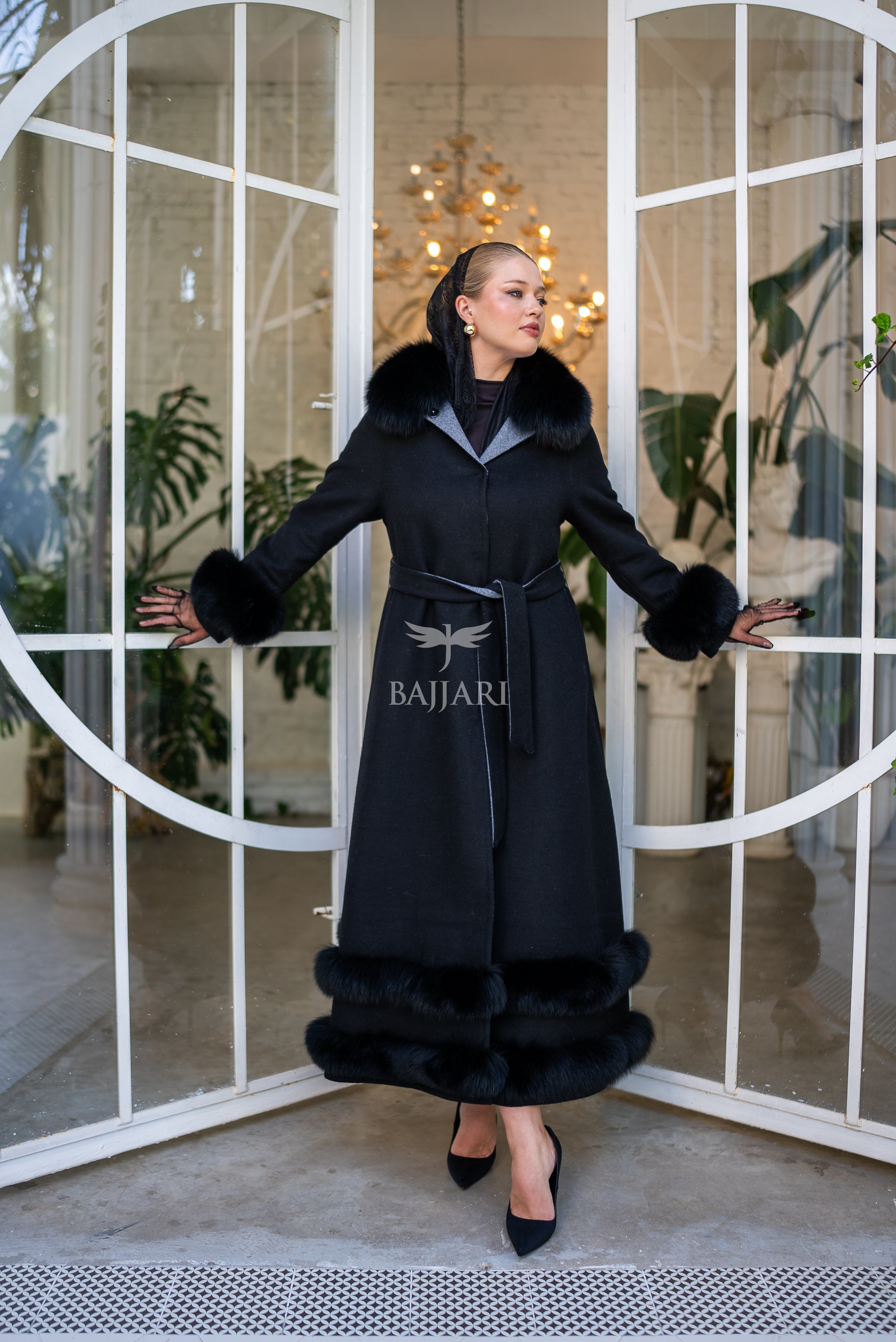 Women's Coat Offering the Elegance of Luxurious Zibellino Alpaca Fabric with Fox Fur Collar, Sleeve Cuff Details& Fox Ornament Details on the Hemlines -9479-