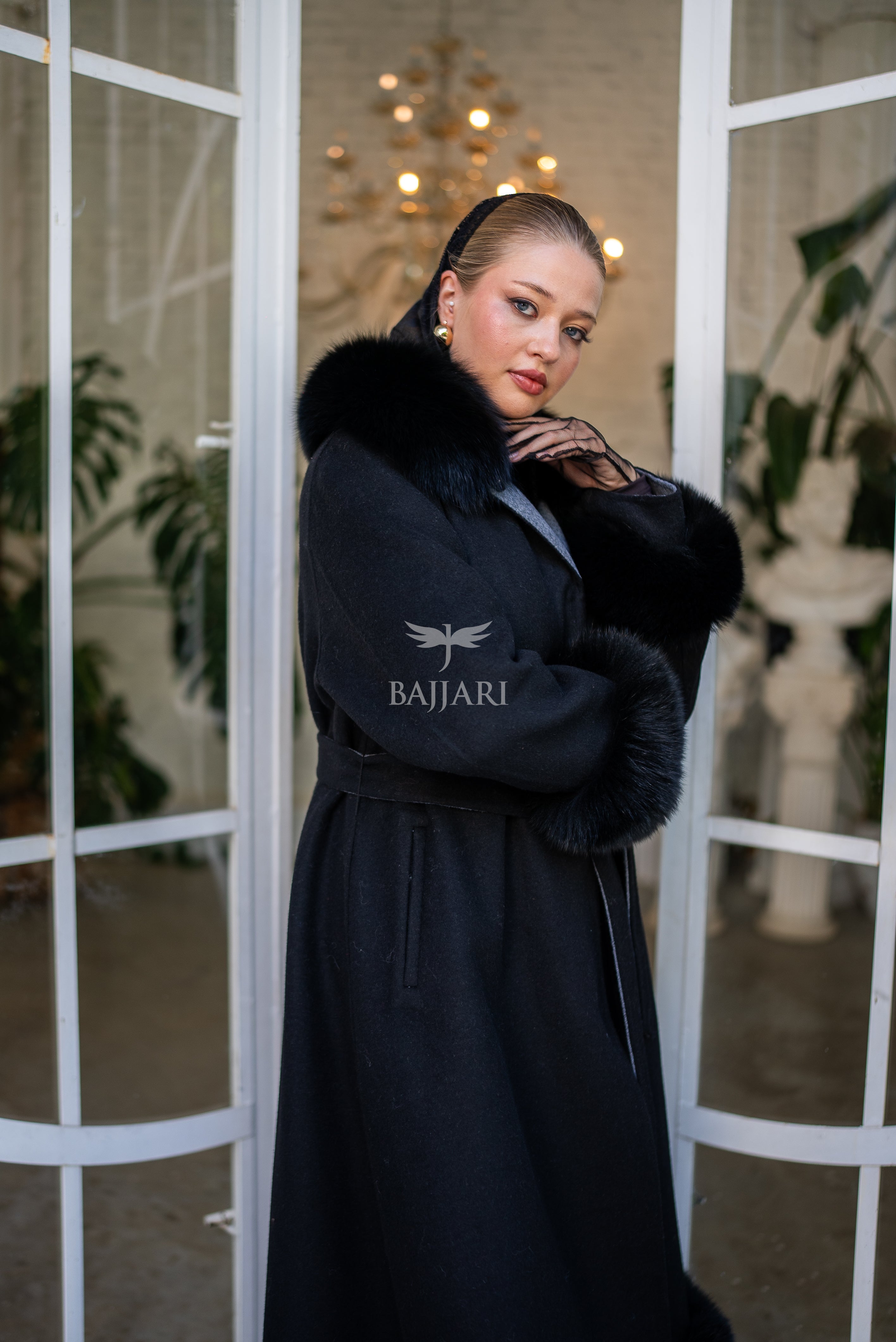 Women's Coat Offering the Elegance of Luxurious Zibellino Alpaca Fabric with Fox Fur Collar, Sleeve Cuff Details& Fox Ornament Details on the Hemlines -9479-