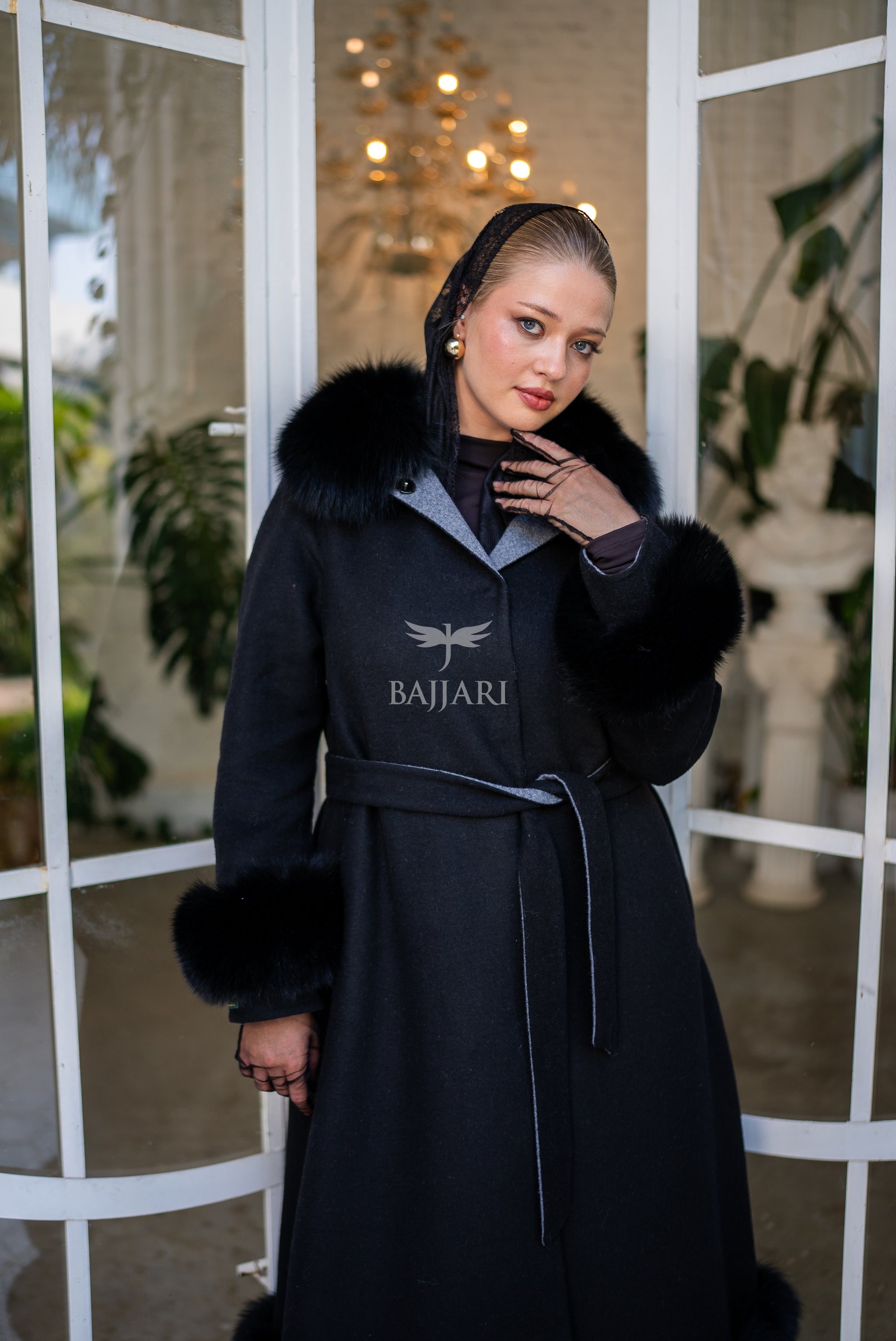 Women's Coat Offering the Elegance of Luxurious Zibellino Alpaca Fabric with Fox Fur Collar, Sleeve Cuff Details& Fox Ornament Details on the Hemlines -9479-