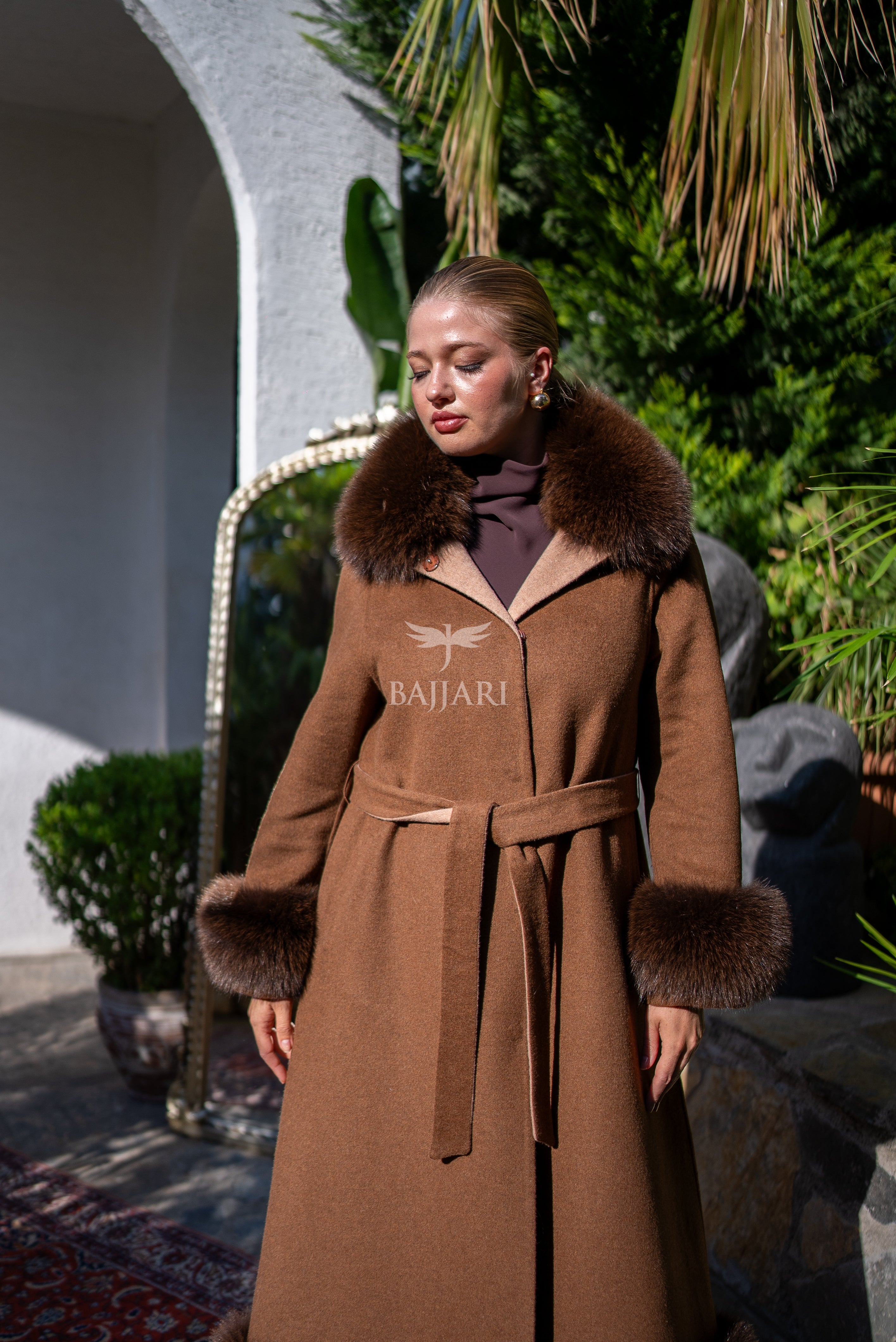 Women's Coat Offering the Elegance of Luxurious Zibellino Alpaca Fabric with Fox Fur Collar, Sleeve Cuff Details& Fox Ornament Details on the Hemlines -9479-