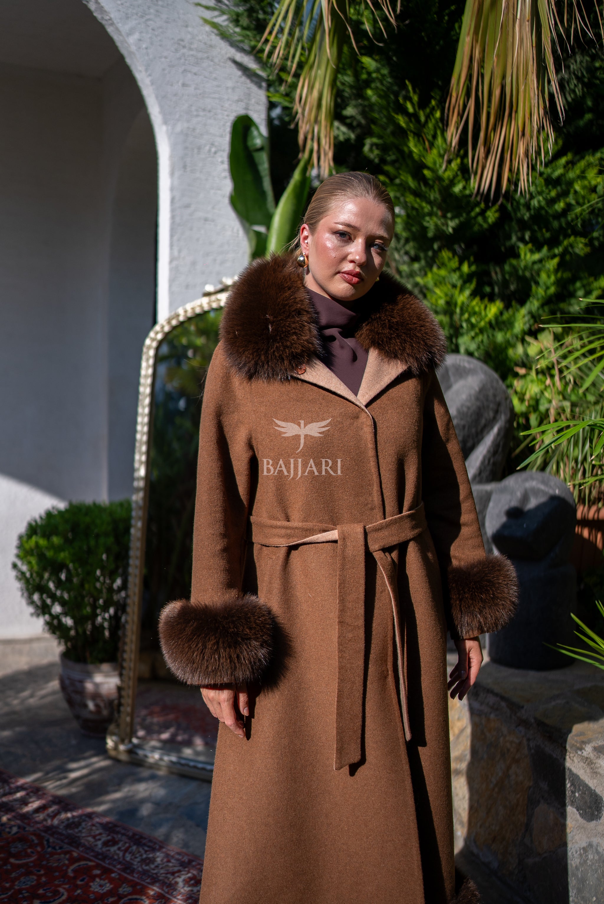 Women's Coat Offering the Elegance of Luxurious Zibellino Alpaca Fabric with Fox Fur Collar, Sleeve Cuff Details& Fox Ornament Details on the Hemlines -9479-
