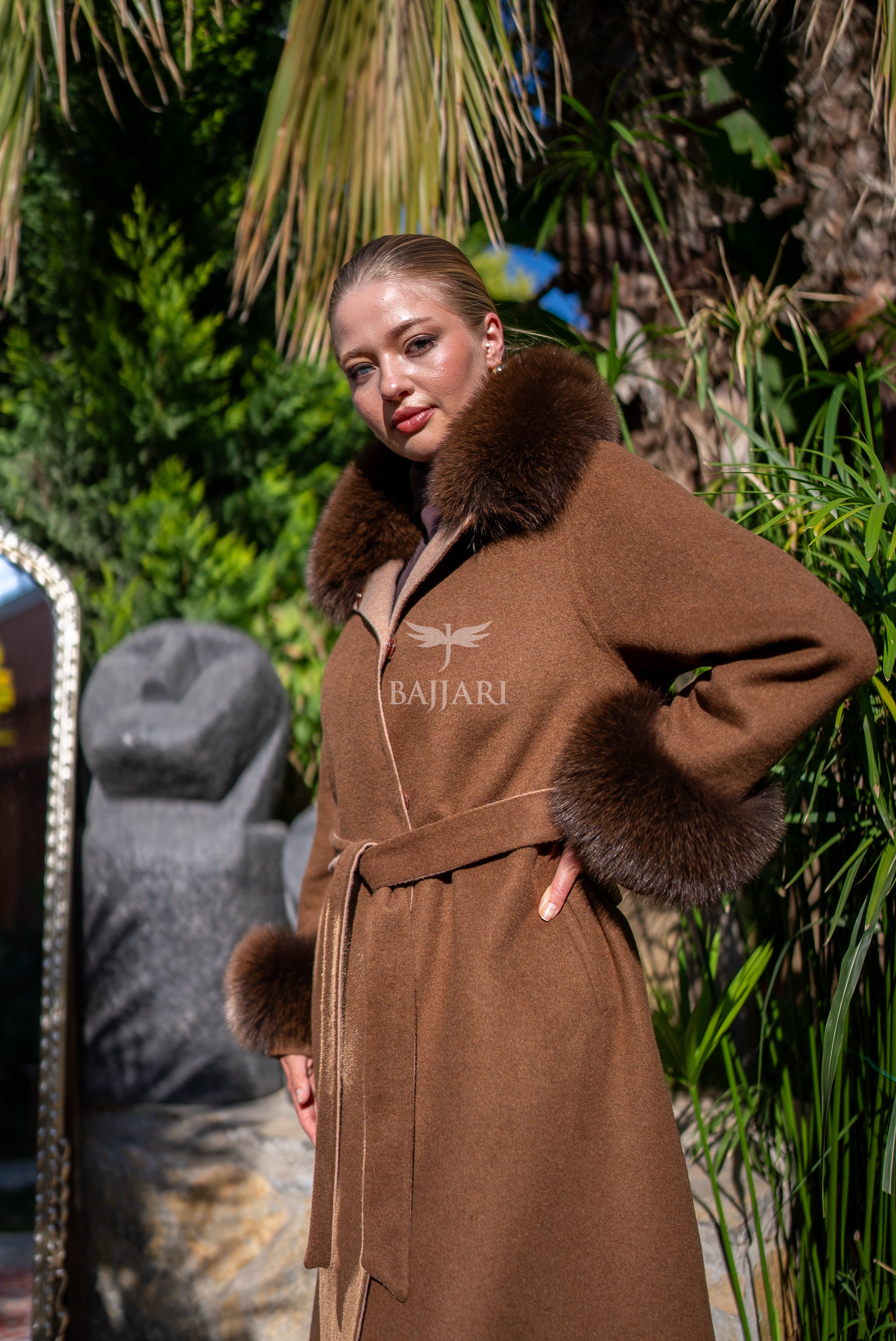 Women's Coat Offering the Elegance of Luxurious Zibellino Alpaca Fabric with Fox Fur Collar, Sleeve Cuff Details& Fox Ornament Details on the Hemlines -9479-