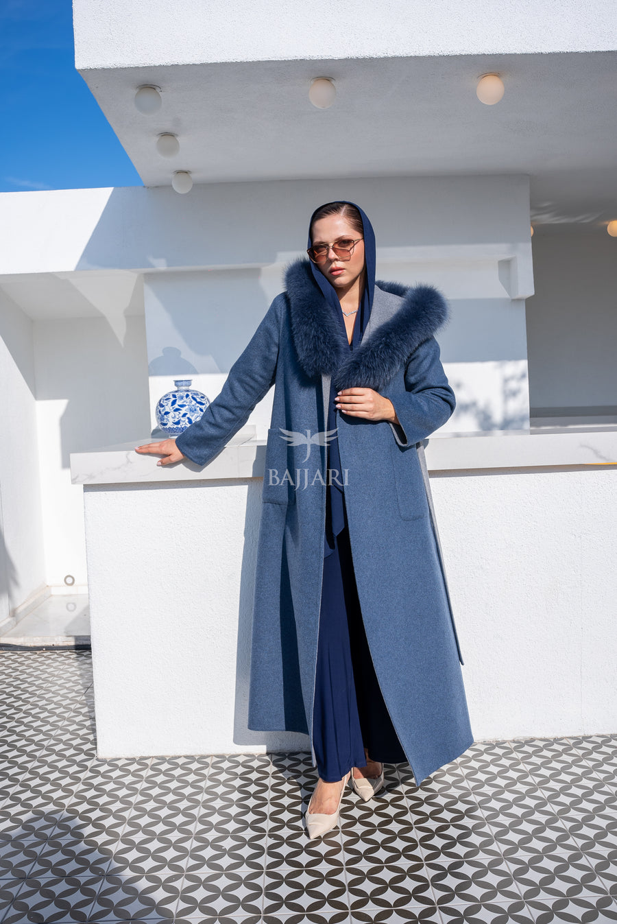 Women’s Alpaca Wool Fabric Coat with Soft Fox Fur Trim on the Collar & Special Embroidery on Back Detail -9022-
