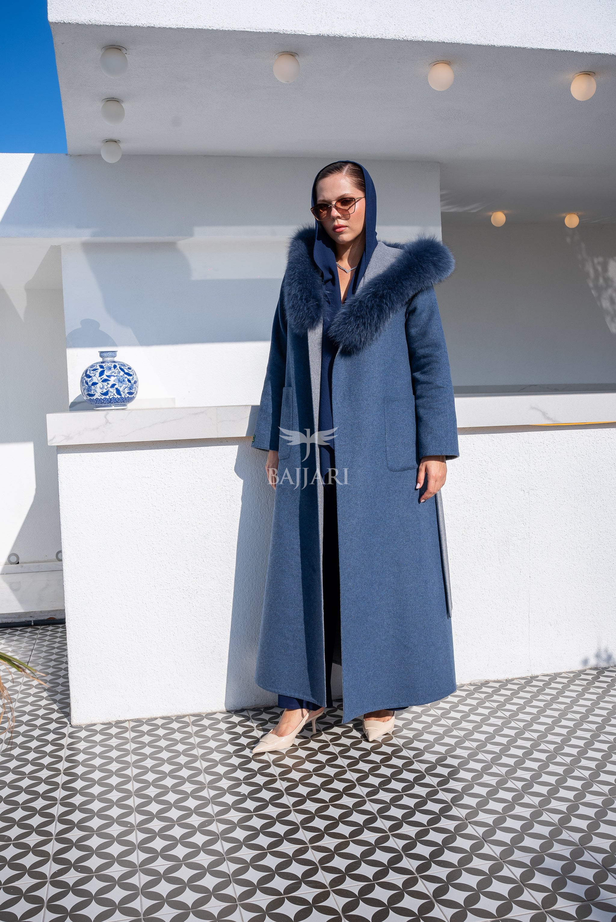 Women’s Alpaca Wool Fabric Coat with Soft Fox Fur Trim on the Collar & Special Embroidery on Back Detail -9022-