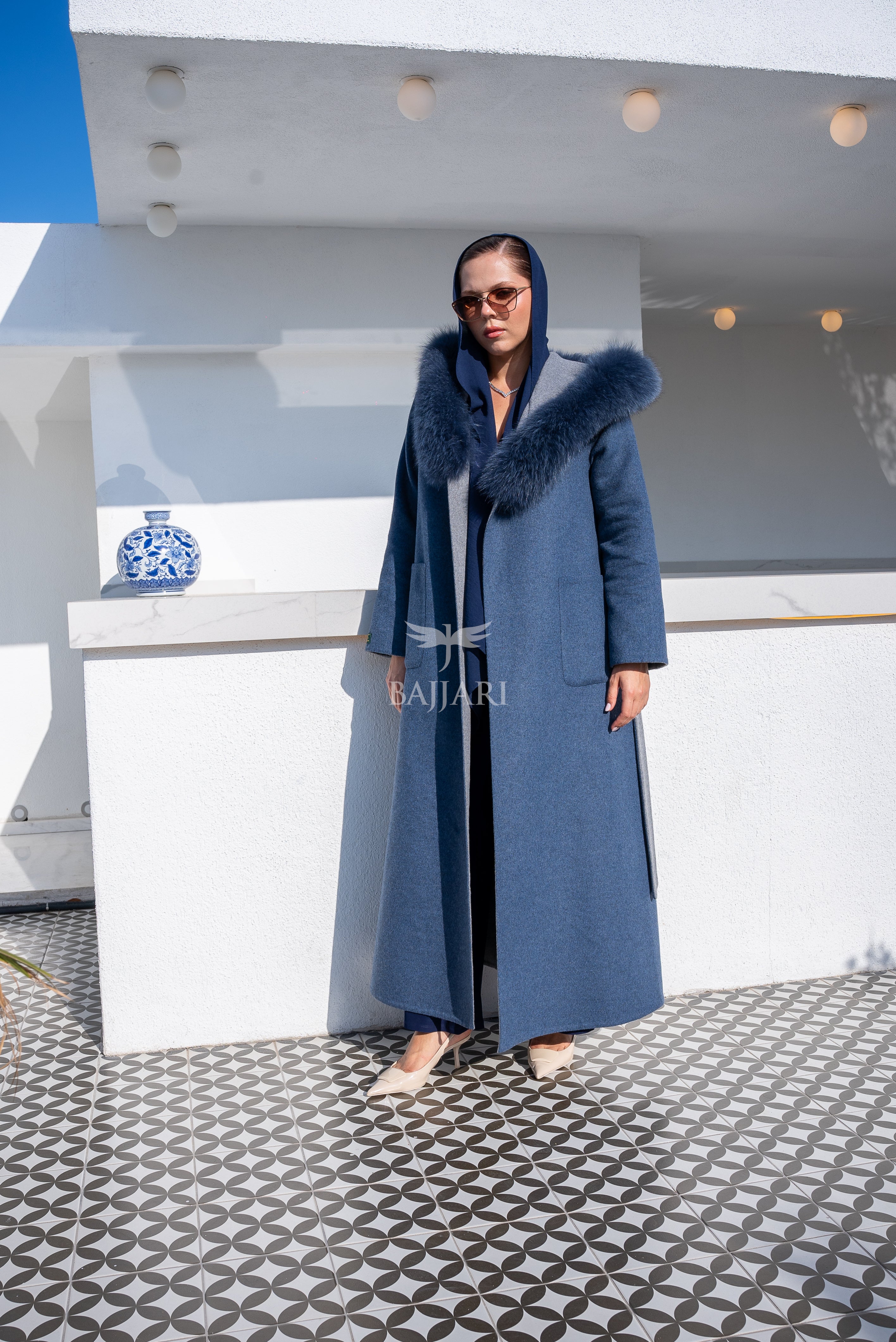Women’s Alpaca Wool Fabric Coat with Soft Fox Fur Trim on the Collar & Special Embroidery on Back Detail -9022-
