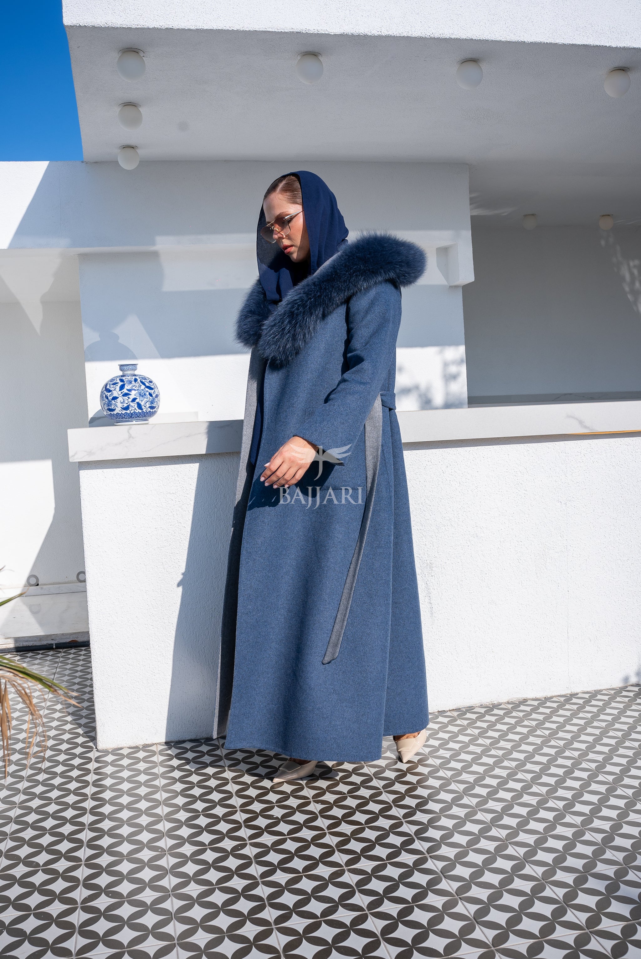 Women’s Alpaca Wool Fabric Coat with Soft Fox Fur Trim on the Collar & Special Embroidery on Back Detail -9022-