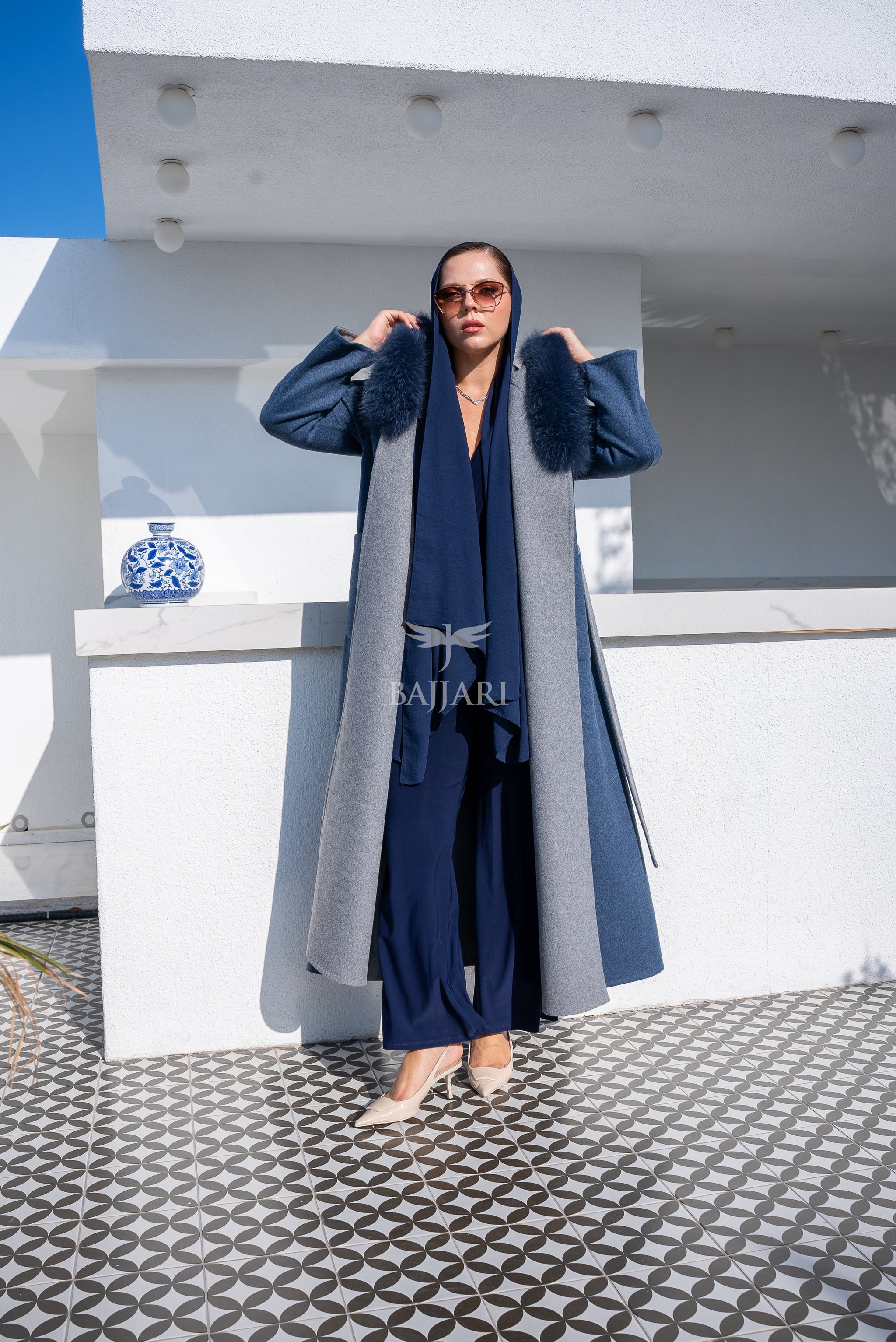 Women’s Alpaca Wool Fabric Coat with Soft Fox Fur Trim on the Collar & Special Embroidery on Back Detail -9022-