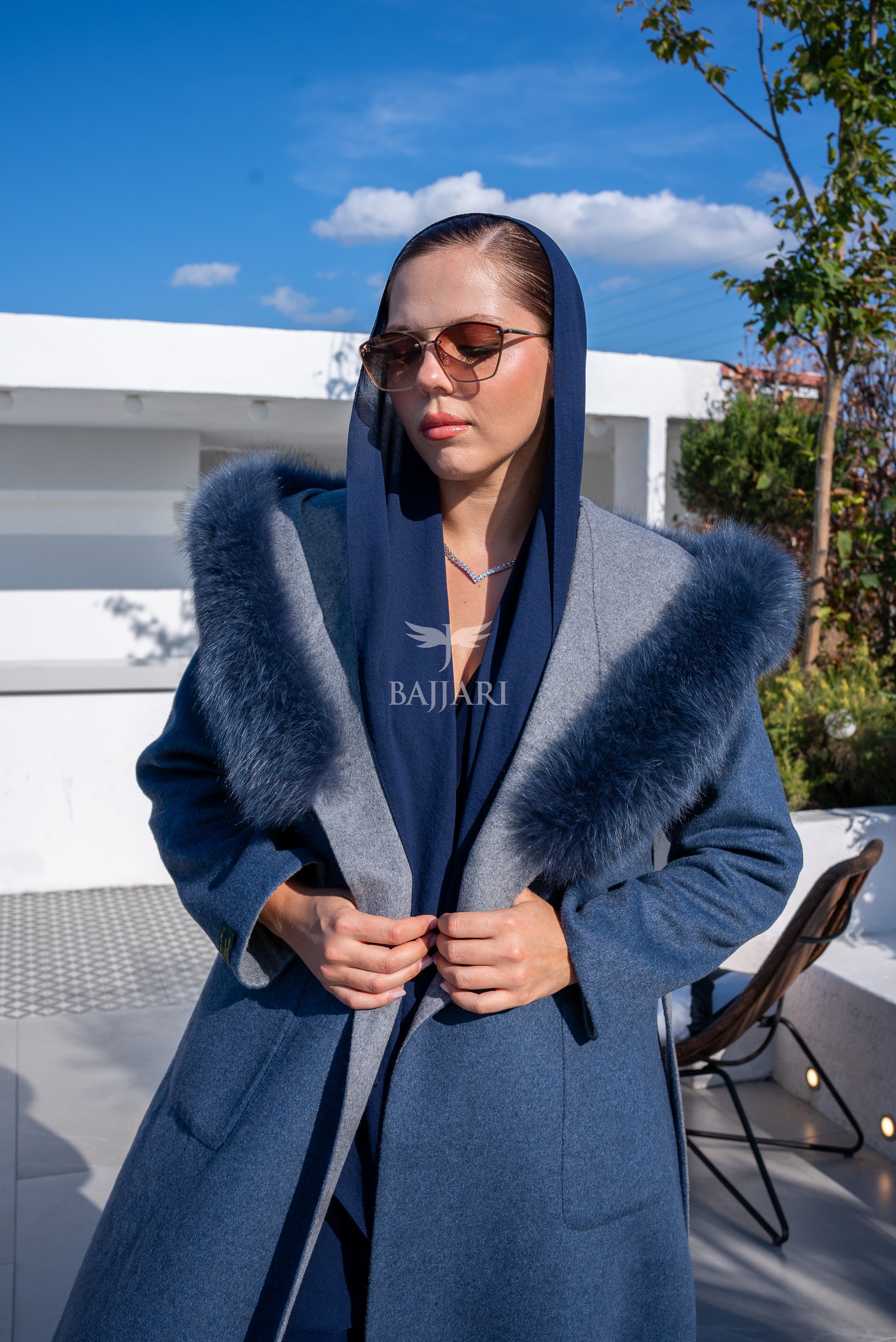Women’s Alpaca Wool Fabric Coat with Soft Fox Fur Trim on the Collar & Special Embroidery on Back Detail -9022-