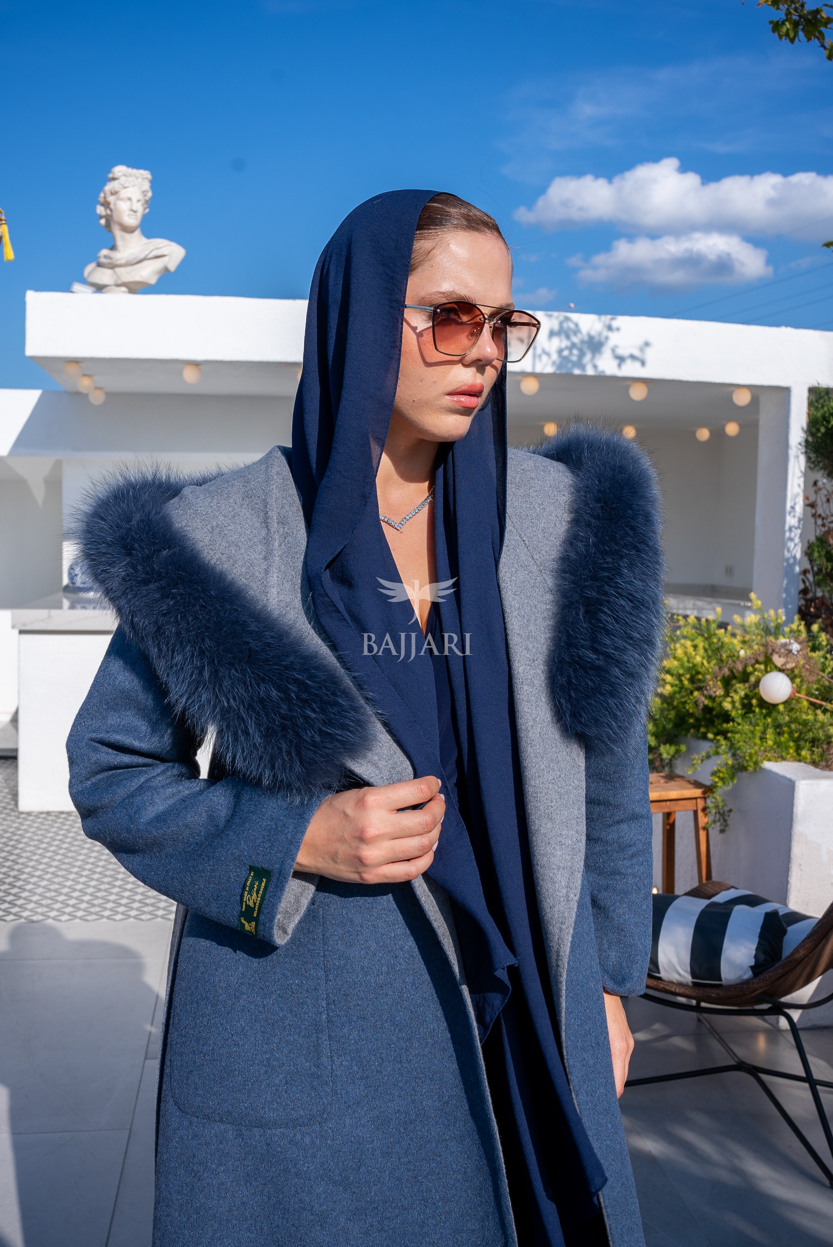 Women’s Alpaca Wool Fabric Coat with Soft Fox Fur Trim on the Collar & Special Embroidery on Back Detail -9022-