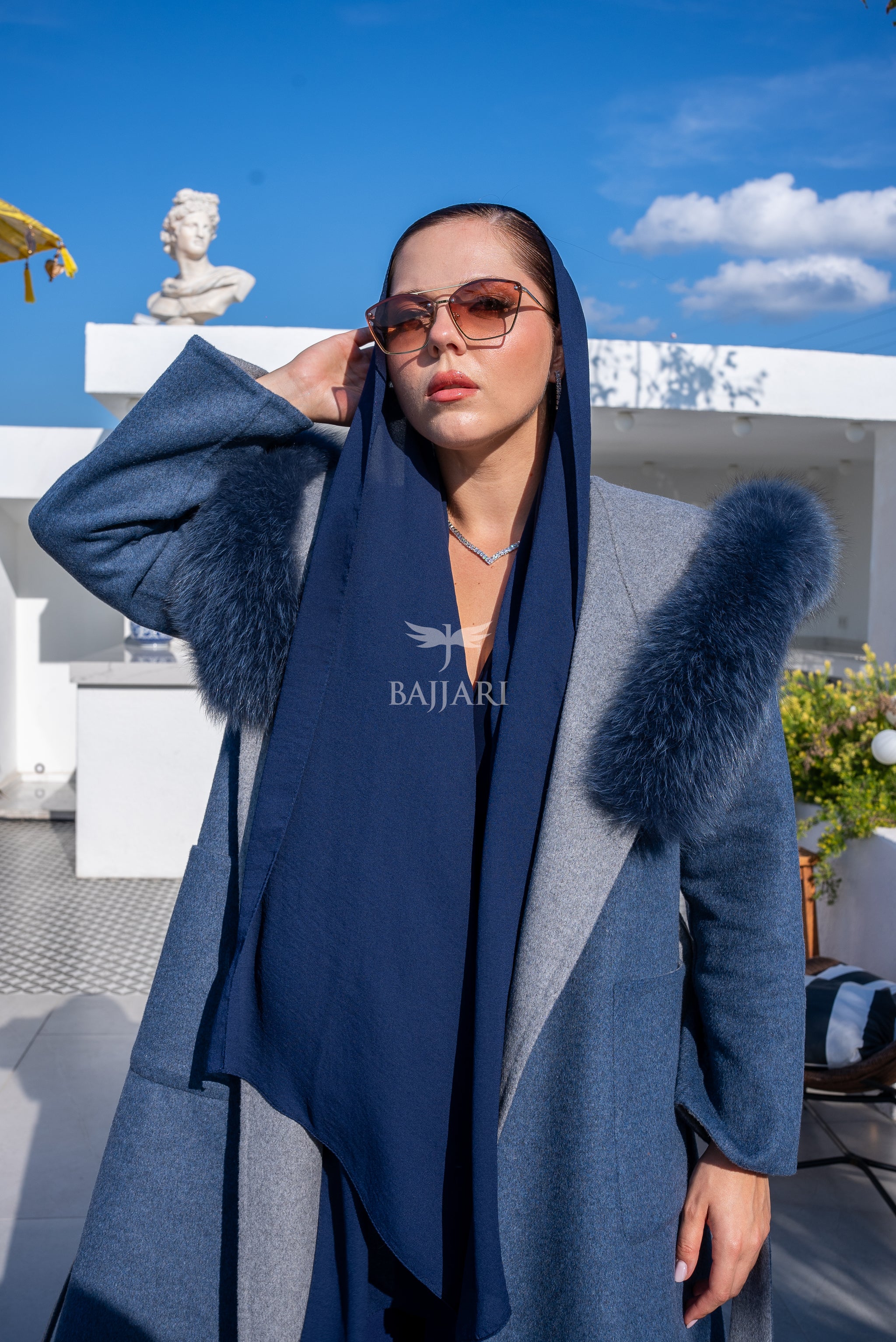 Women’s Alpaca Wool Fabric Coat with Soft Fox Fur Trim on the Collar & Special Embroidery on Back Detail -9022-