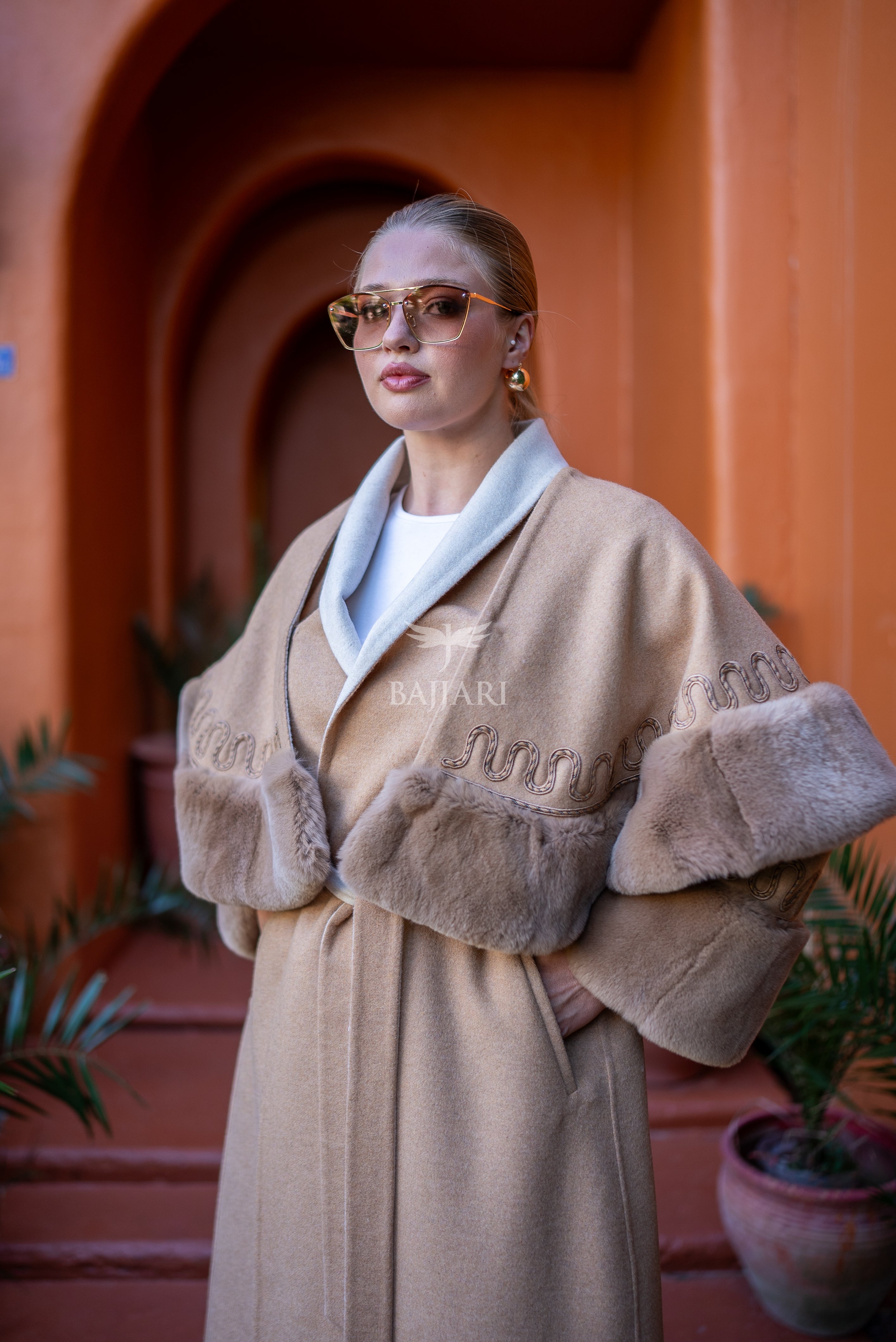 Elegant Alpaca Fabric | Rabbit Rex Fur Shoulder, Sleeve and Cuff Detail | Shoulder and Sleeve Detail with Special Embroidery -9591-