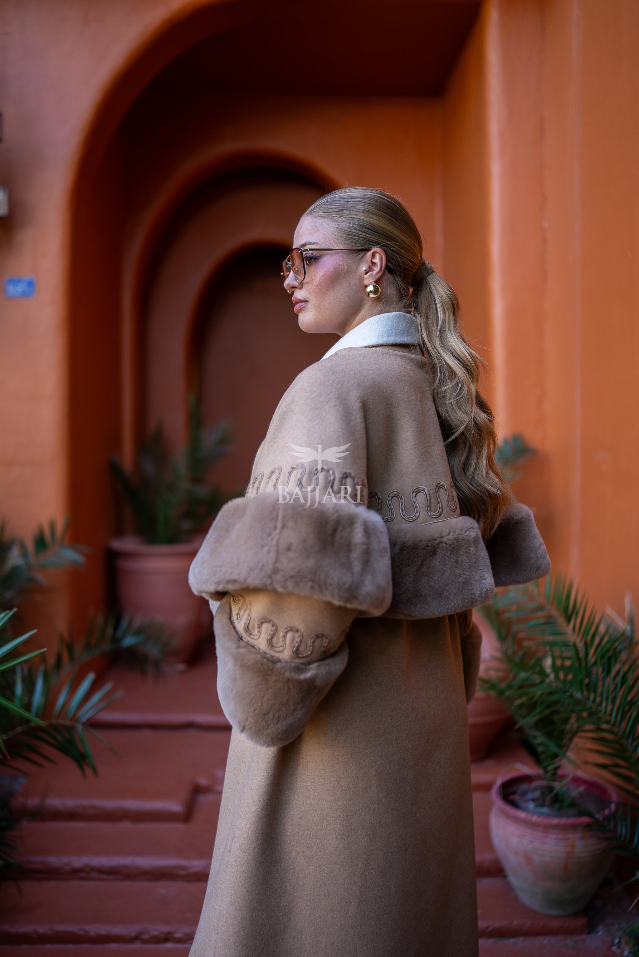 Elegant Alpaca Fabric | Rabbit Rex Fur Shoulder, Sleeve and Cuff Detail | Shoulder and Sleeve Detail with Special Embroidery -9591-