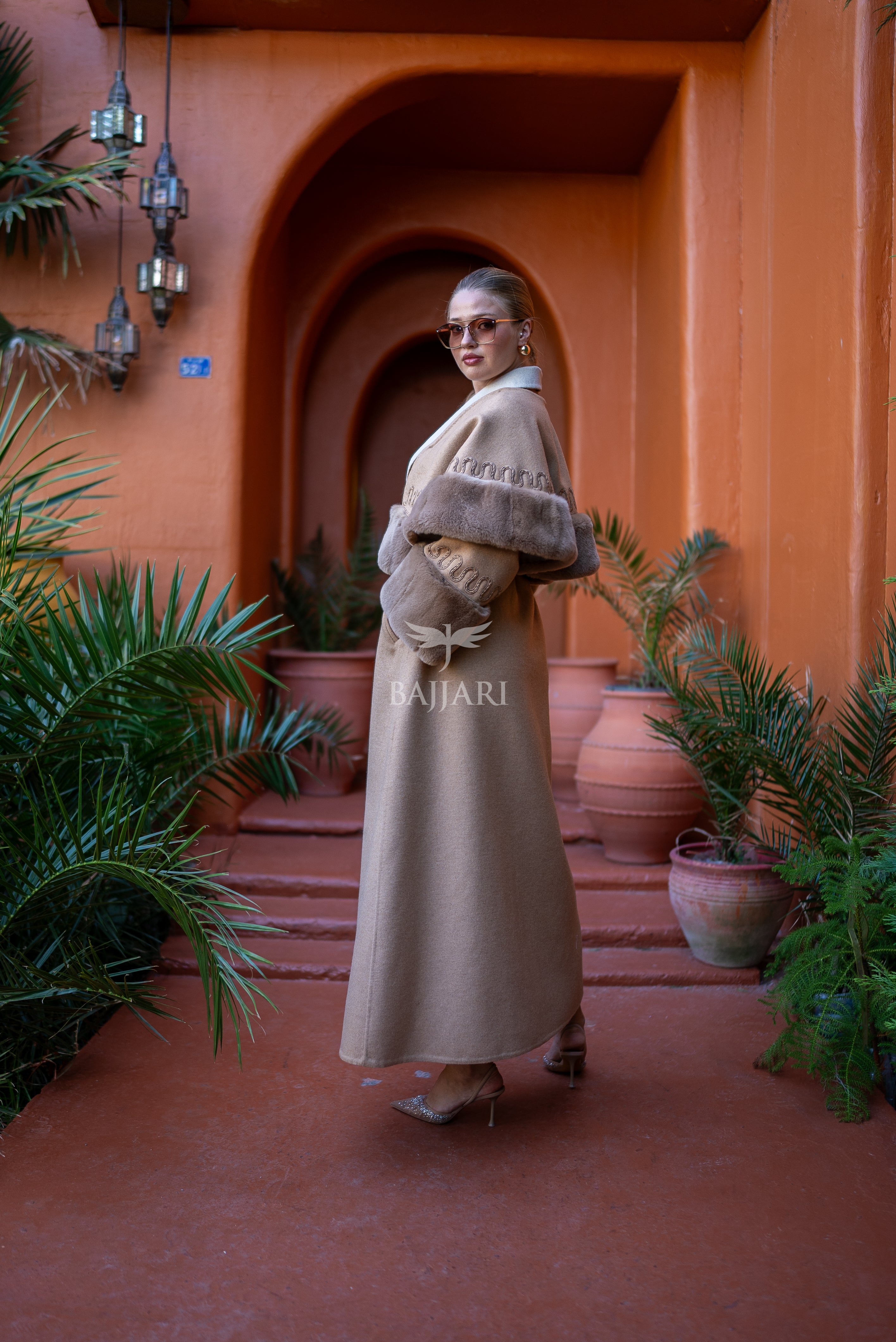 Elegant Alpaca Fabric | Rabbit Rex Fur Shoulder, Sleeve and Cuff Detail | Shoulder and Sleeve Detail with Special Embroidery -9591-