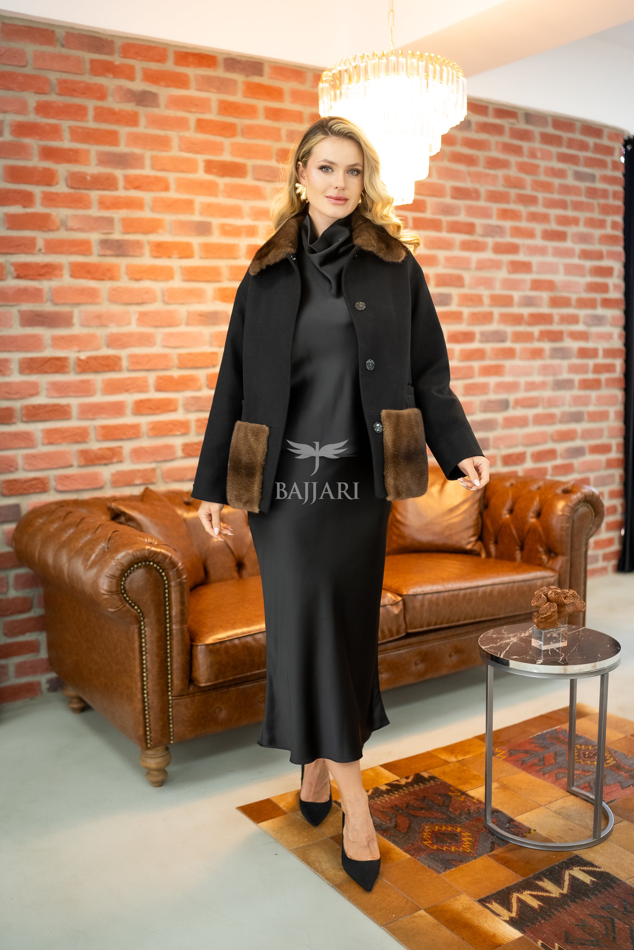 Special Design Coat with Alpaca Lama Fabric and Mink Fur Details -1265-