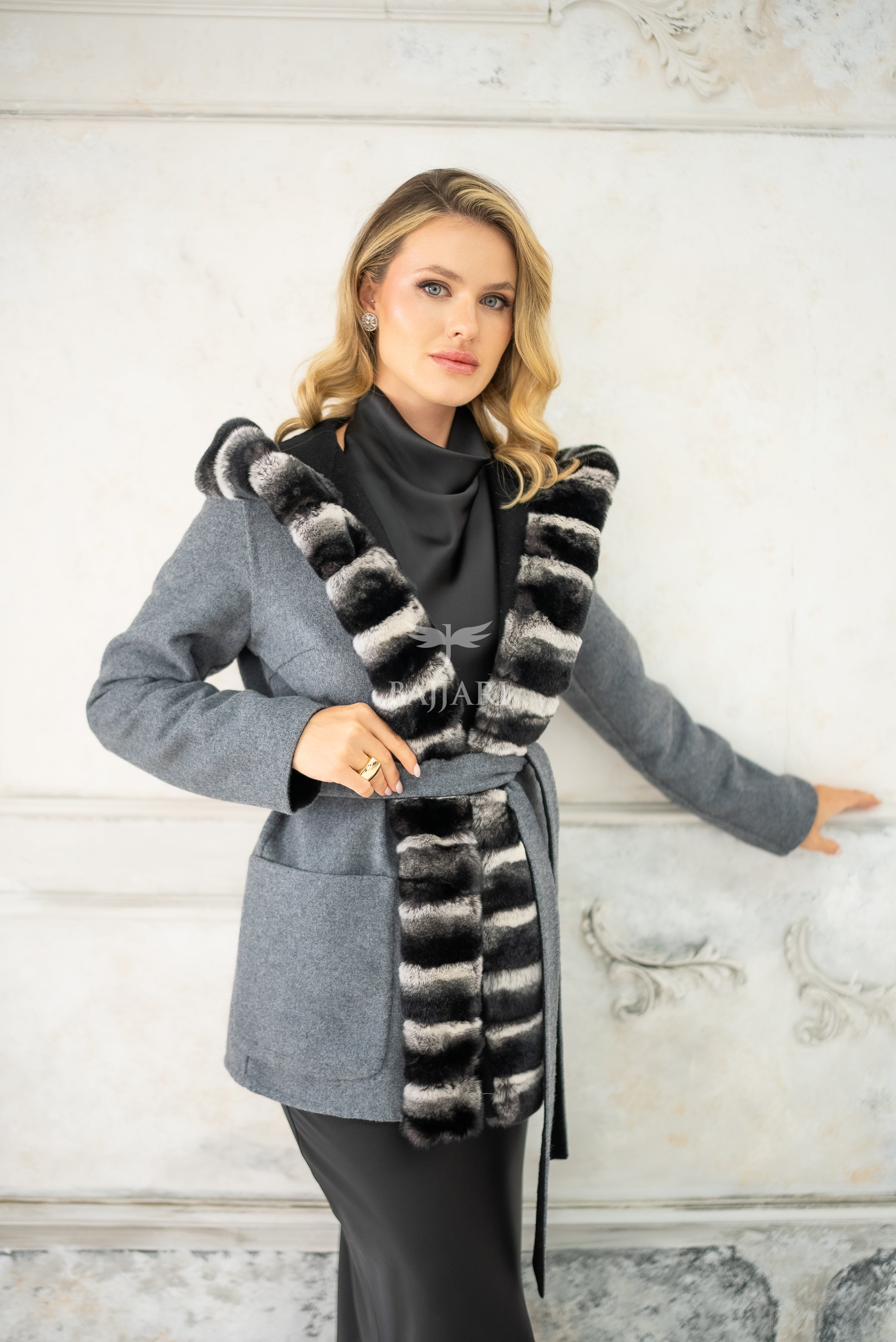 Reversible Alpaca Fabric Hooded Model with Rabbit Fur and Belt -3985-