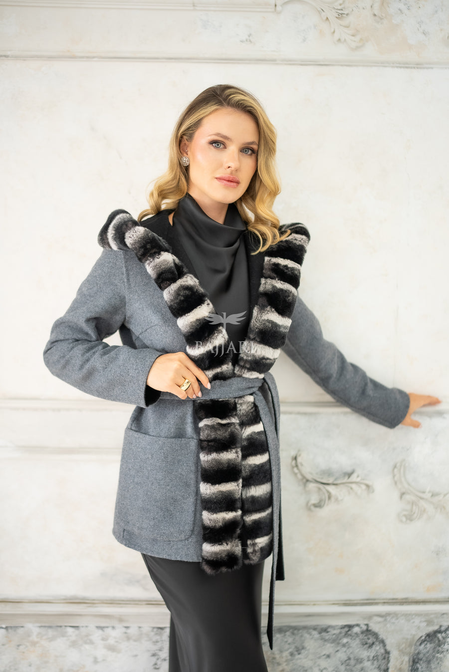 Reversible Alpaca Fabric Hooded Model with Rabbit Fur and Belt -3985-
