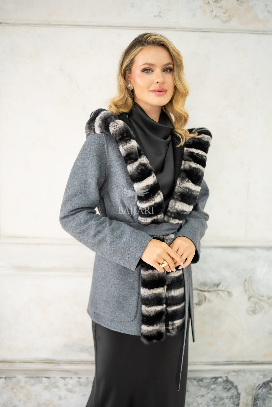 Reversible Alpaca Fabric Hooded Model with Rabbit Fur and Belt -3985-
