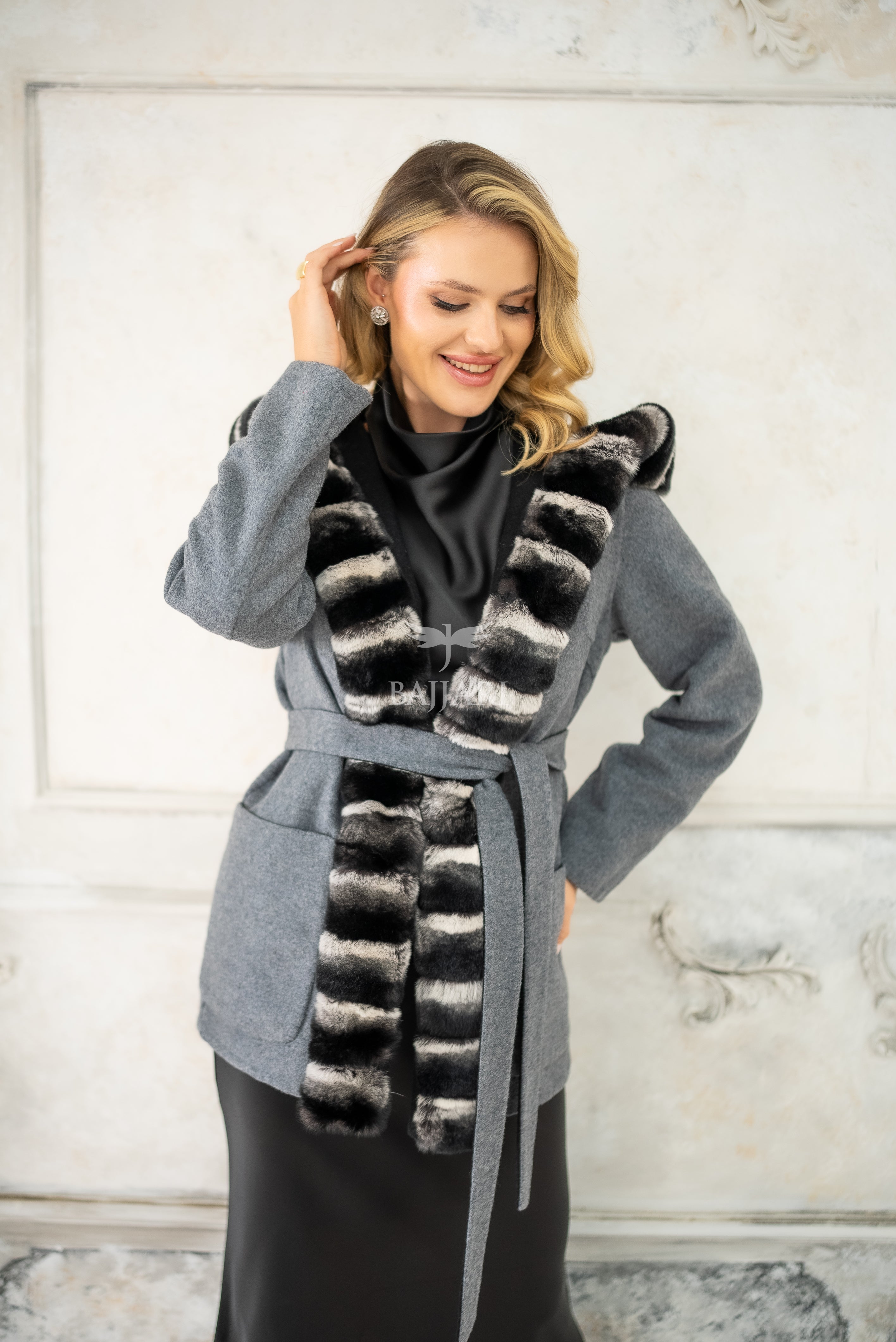 Reversible Alpaca Fabric Hooded Model with Rabbit Fur and Belt -3985-