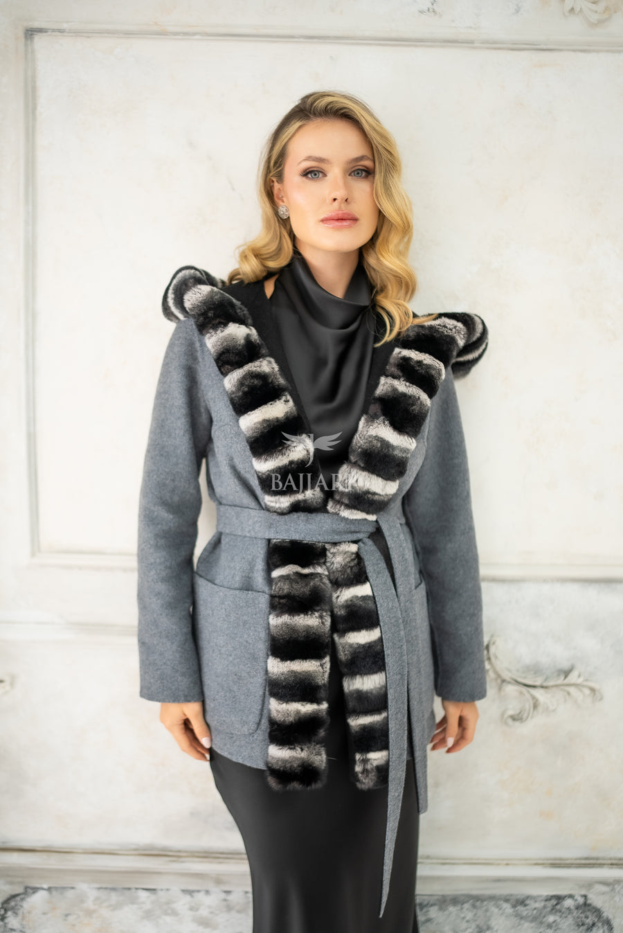 Reversible Alpaca Fabric Hooded Model with Rabbit Fur and Belt -3985-